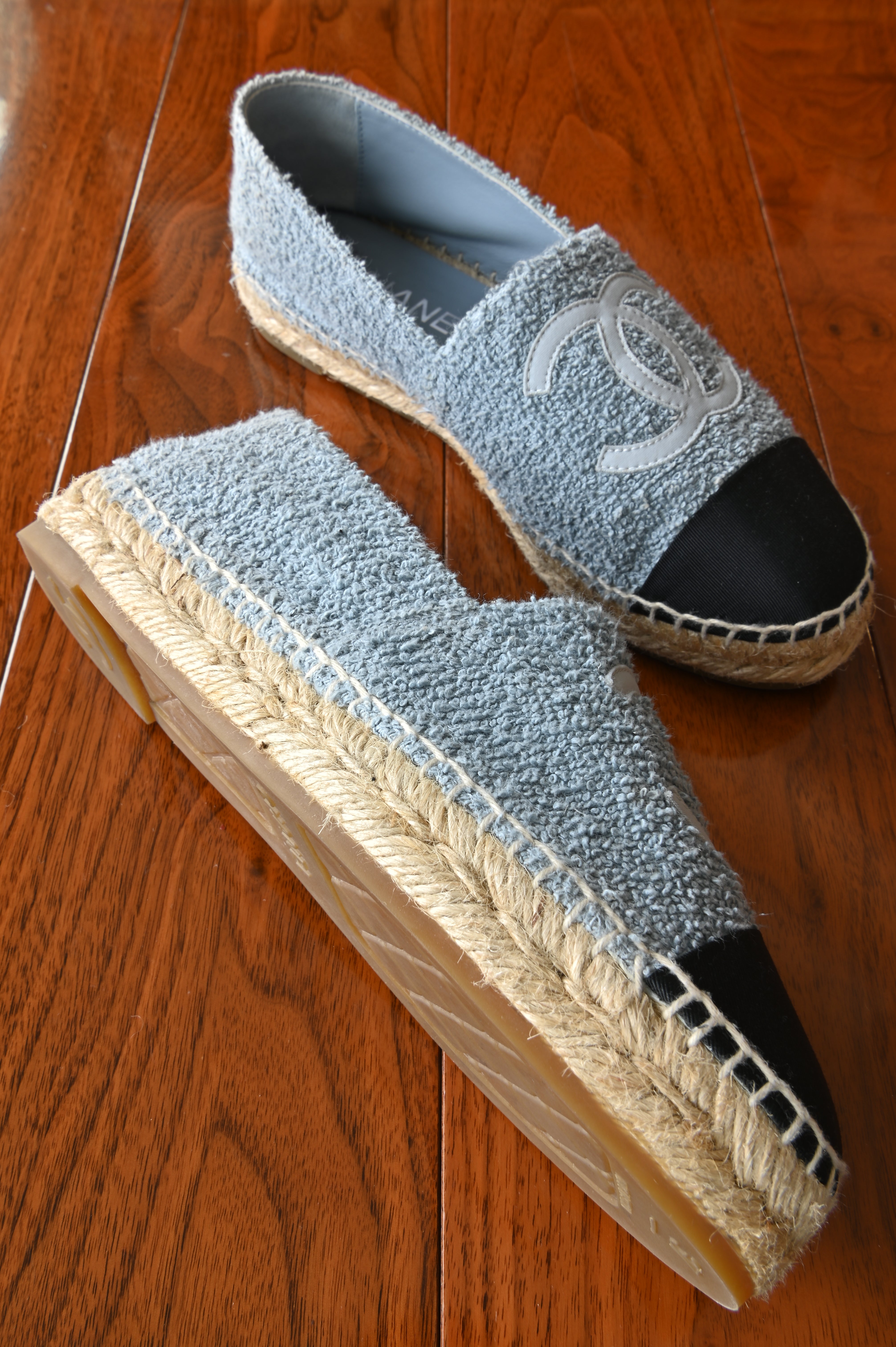 Chanel Light Blue Wool Tweed Espadrilles Loafers left