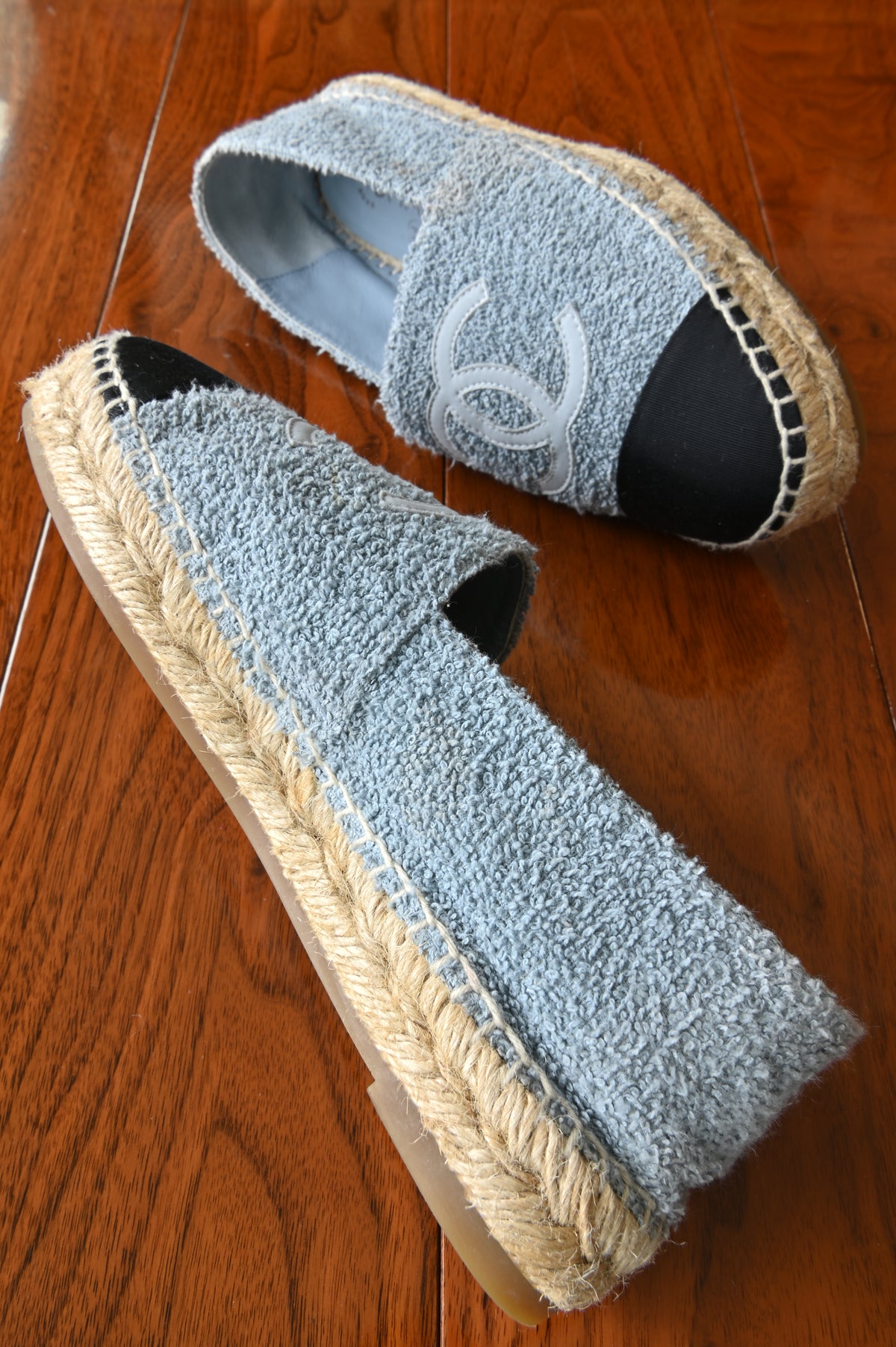 Chanel Light Blue Wool Tweed Espadrilles Loafers side two