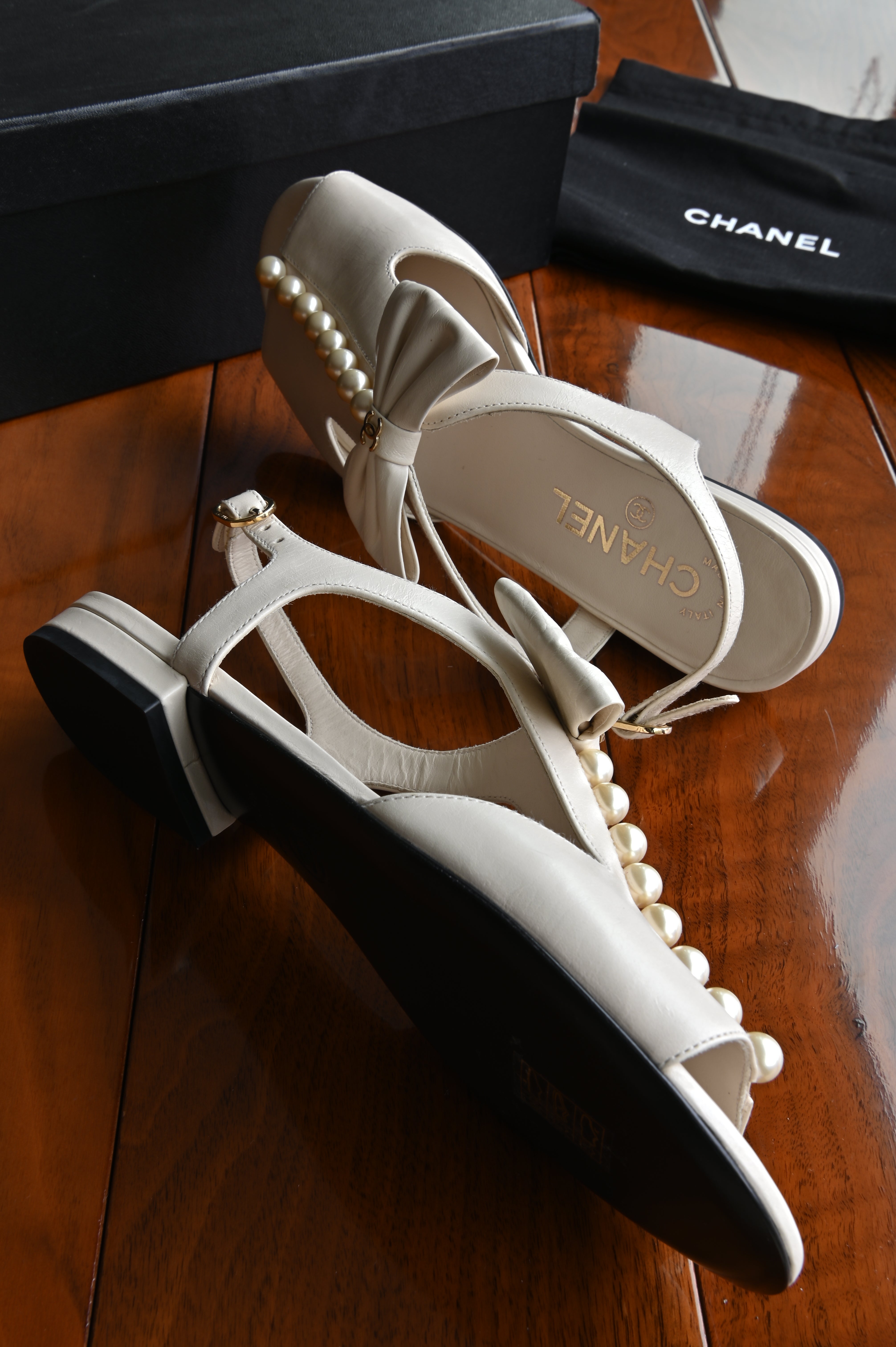 Chanel Pearl Beige Slingback Sandals side