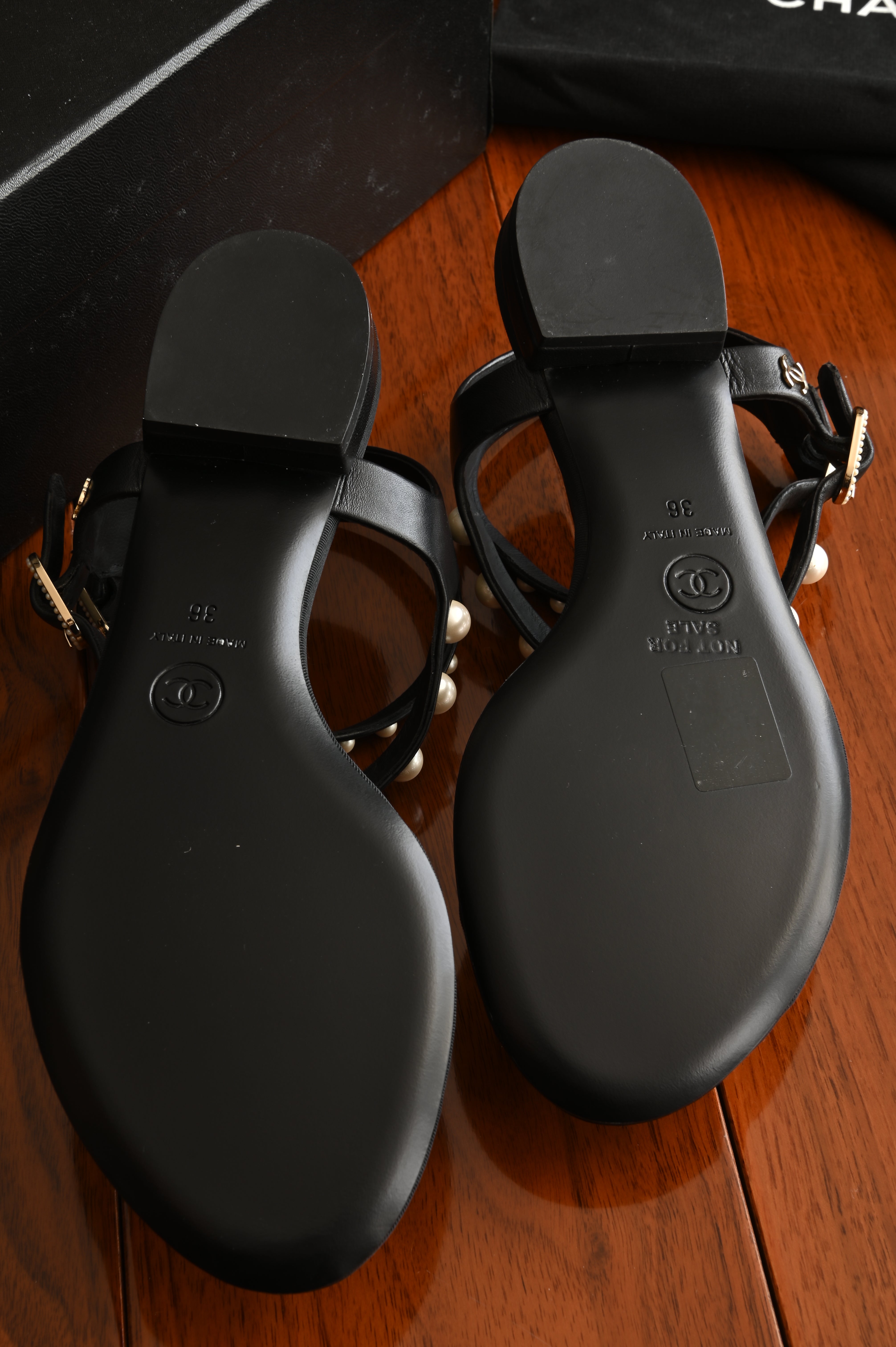 Chanel Pearl Black Thong Sandals