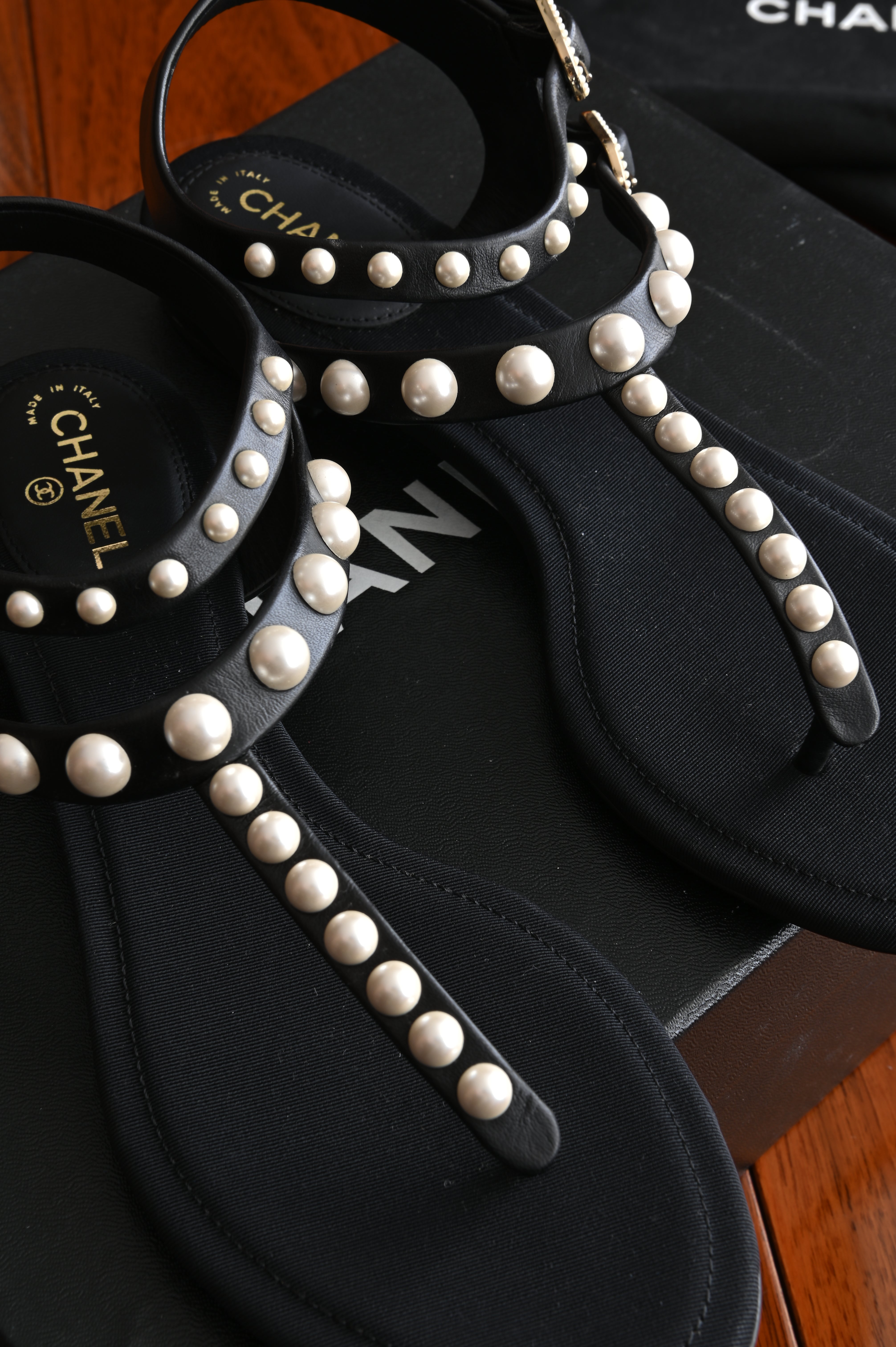 Chanel Pearl Black Thong Sandals