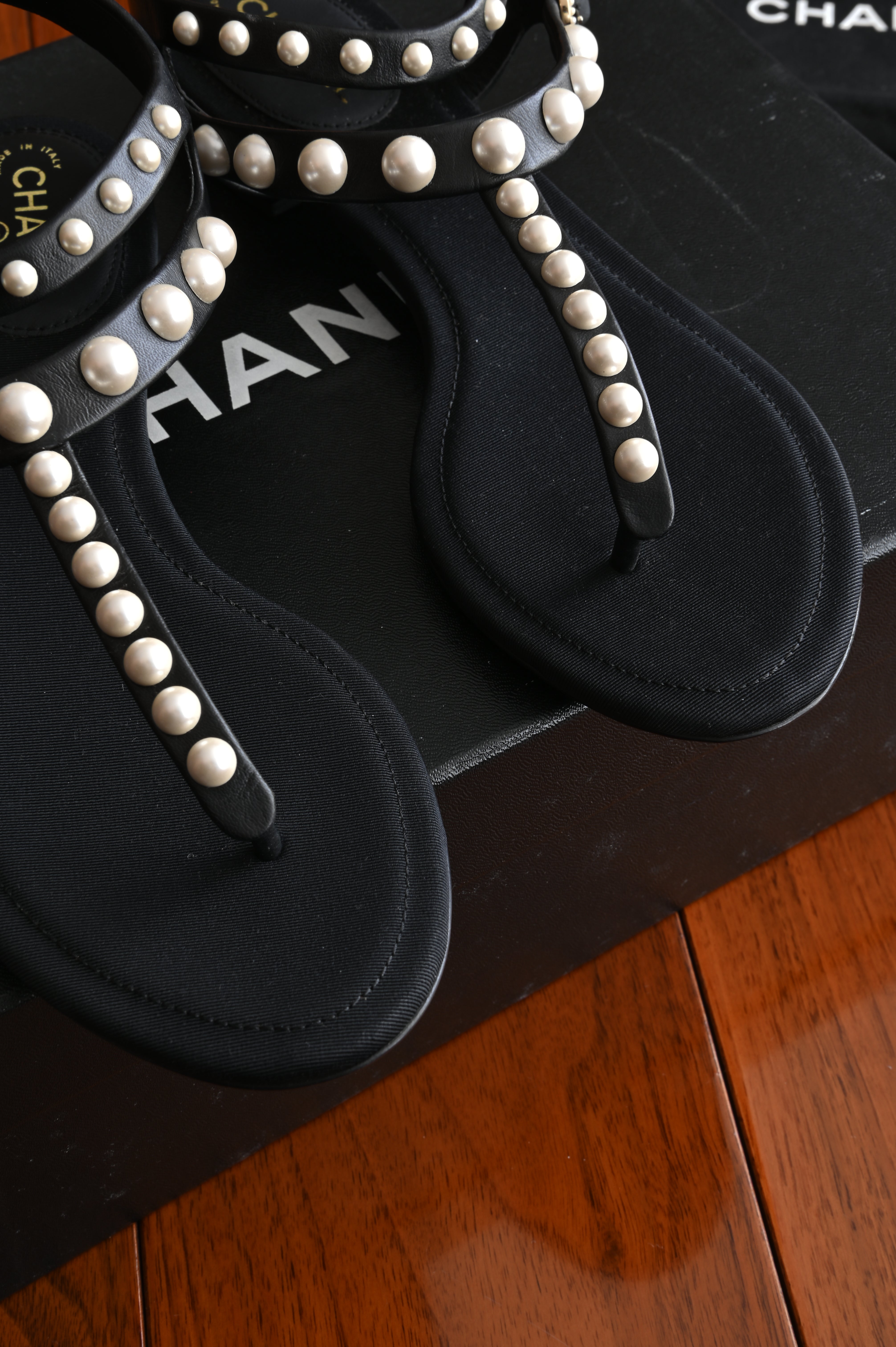 Chanel Pearl Black Thong Sandals