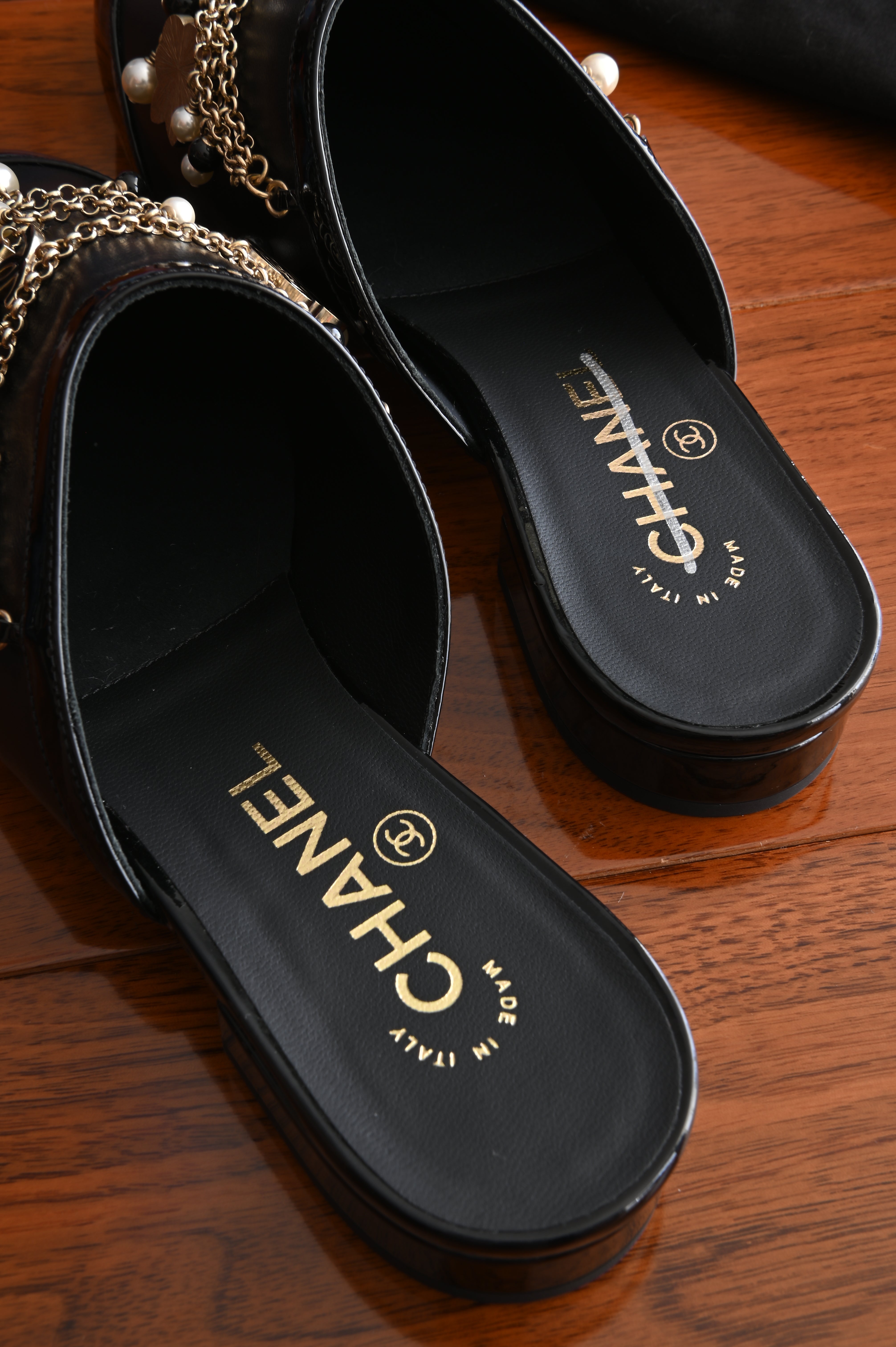 Chanel Pearl Charmed Chain Black Mules back