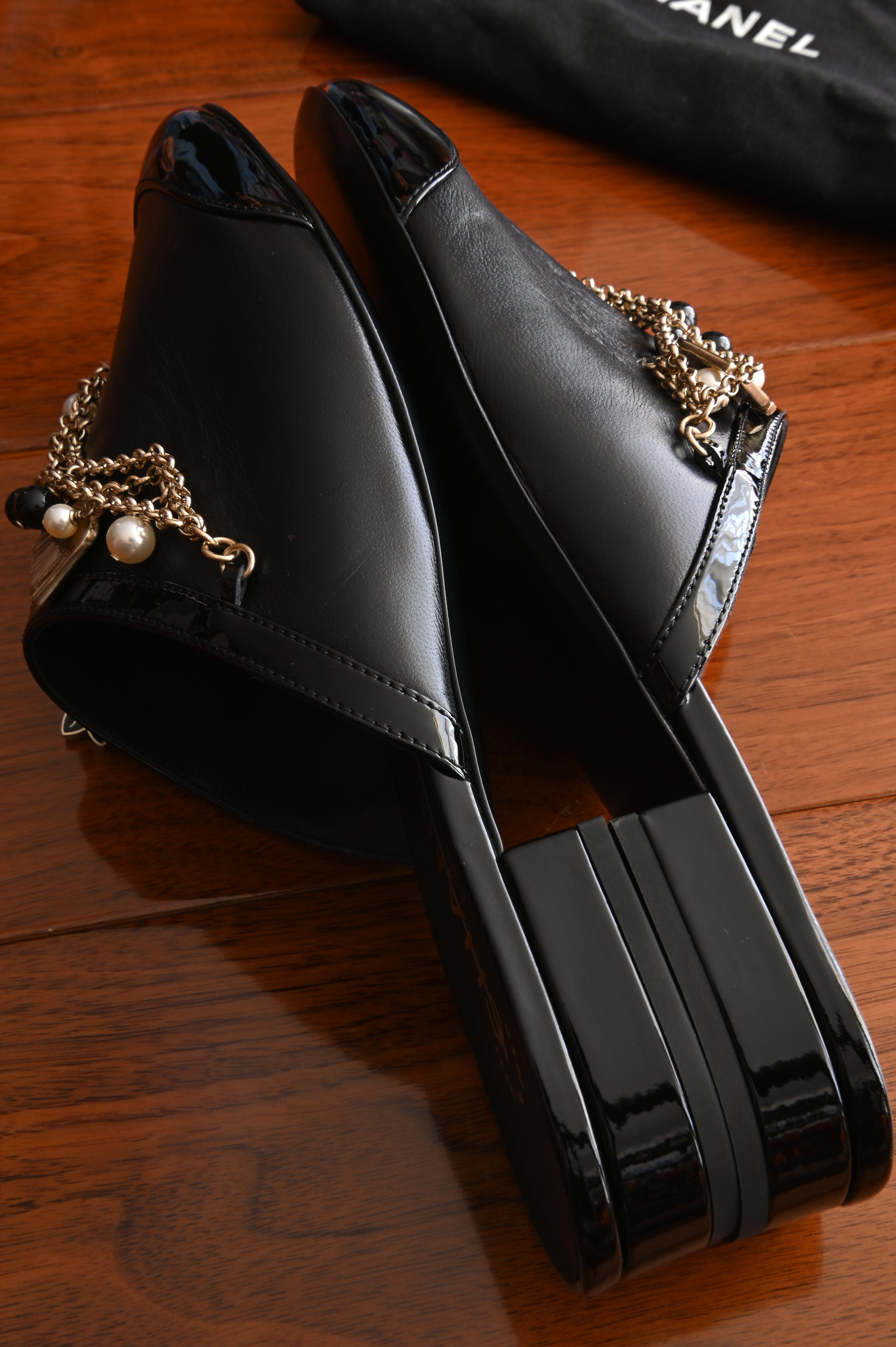 Chanel Pearl Charmed Chain Black Mules side one