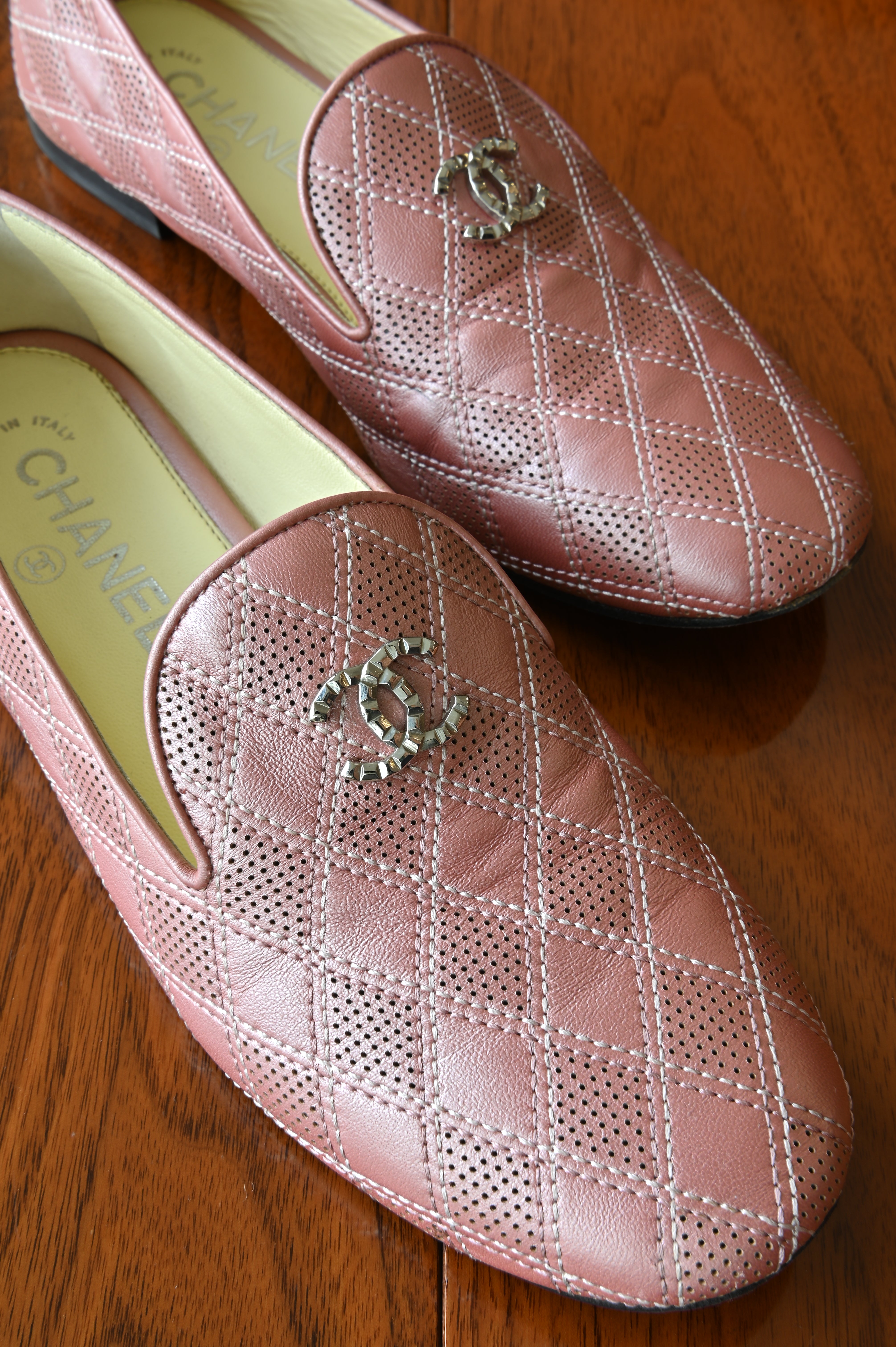 Chanel Pink Quilted Leather Loafers in Silver Hardware front
