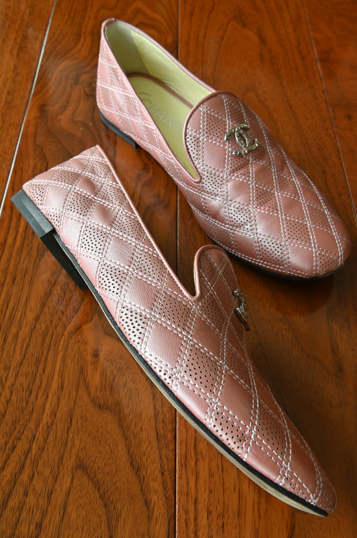 Chanel Pink Quilted Leather Loafers in Silver Hardware left