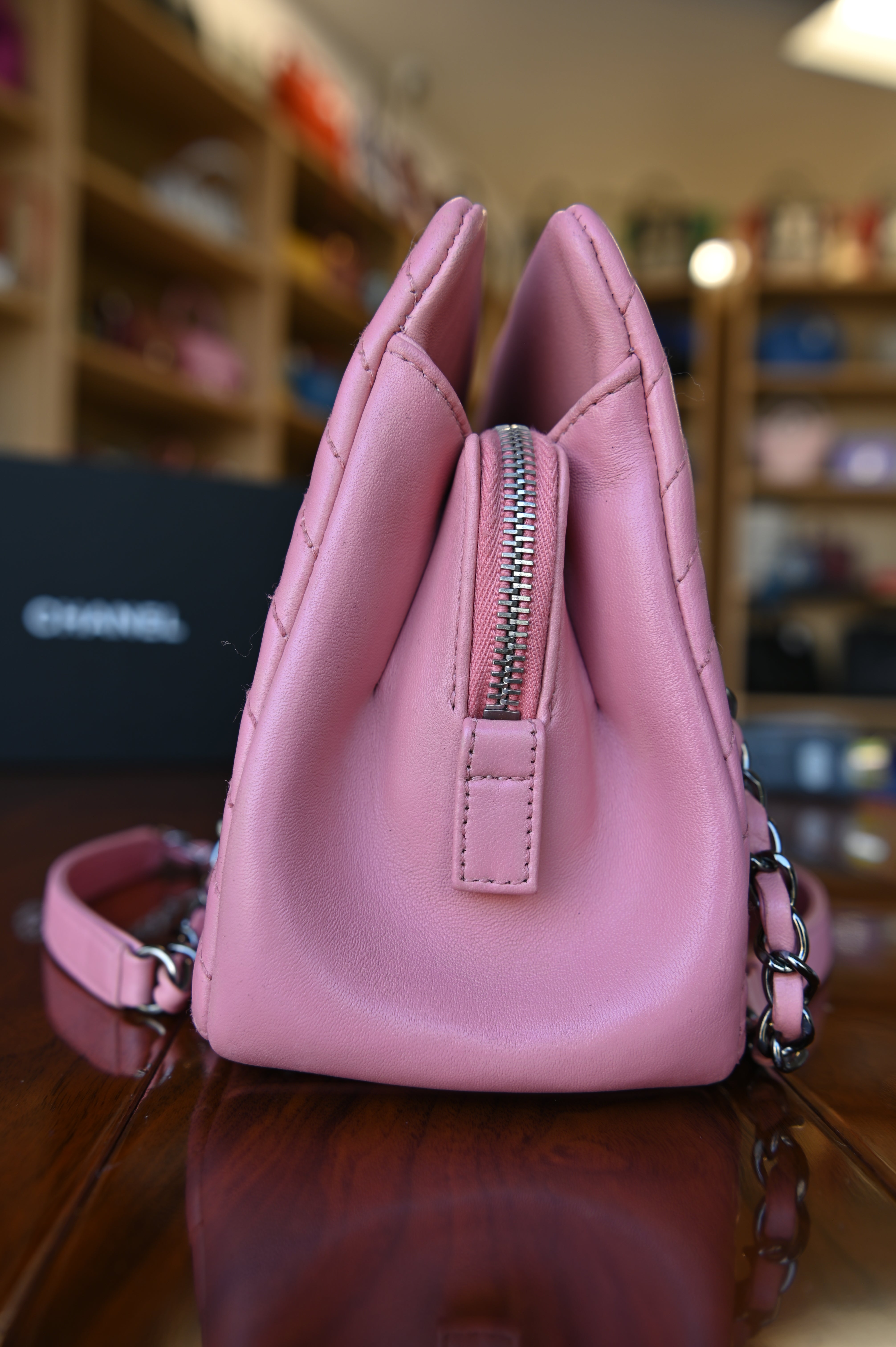 Chanel Pink Quilted Shoulder Bag left