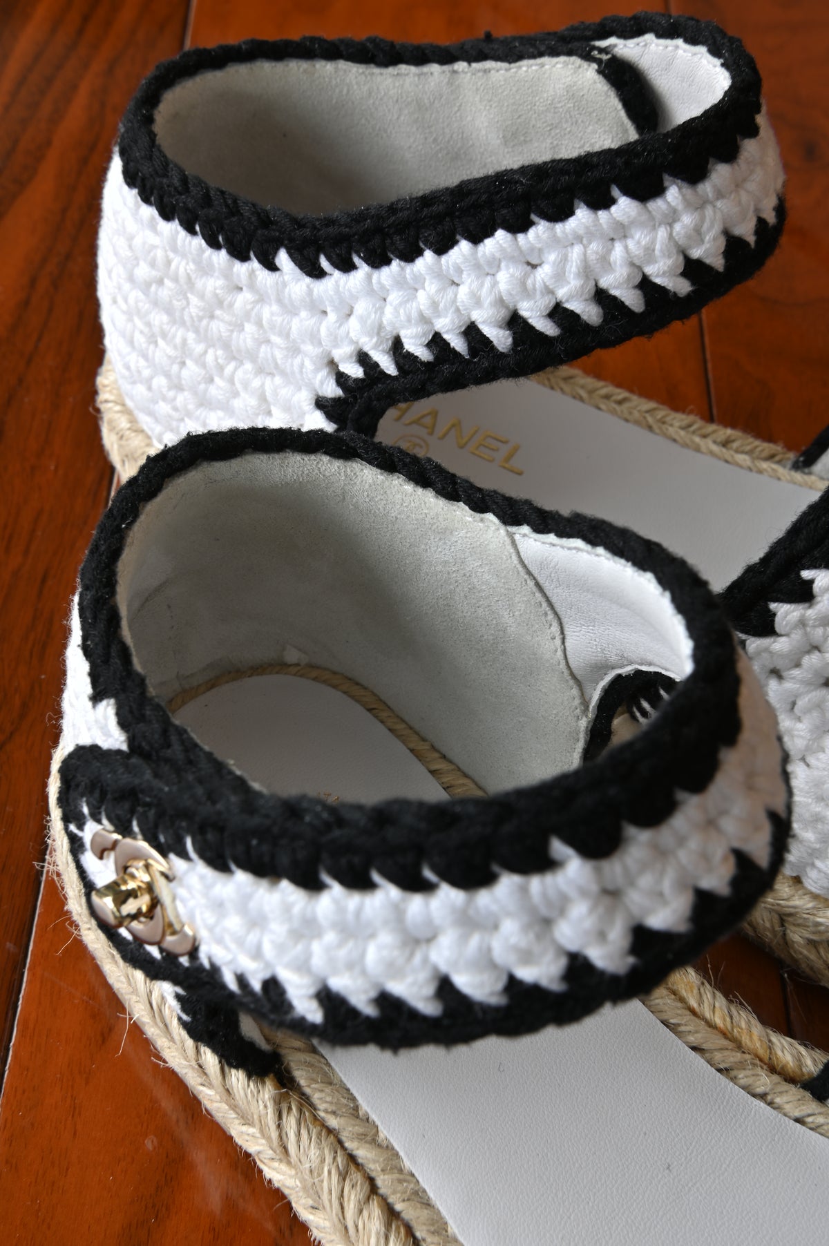 Chanel White Black Wool Ankle Strap Mules Espadrilles in Gold Hardware back