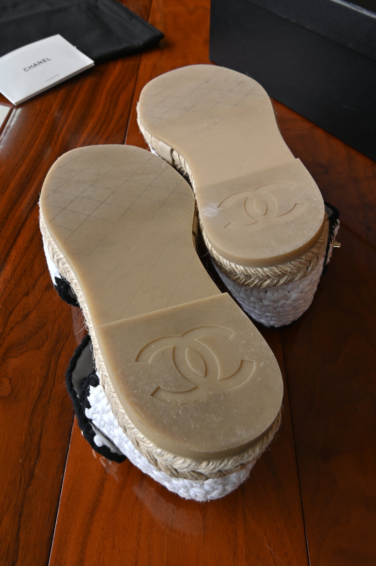 Chanel White Black Wool Ankle Strap Mules Espadrilles in Gold Hardware bottom