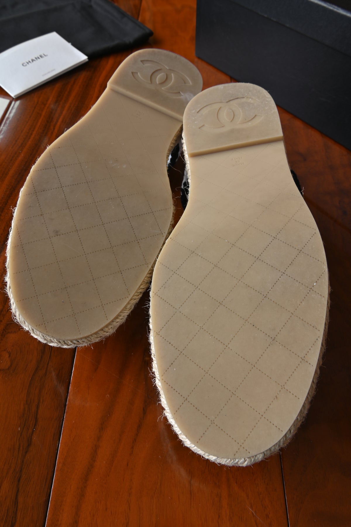 Chanel White Black Wool Ankle Strap Mules Espadrilles in Gold Hardware bottom two