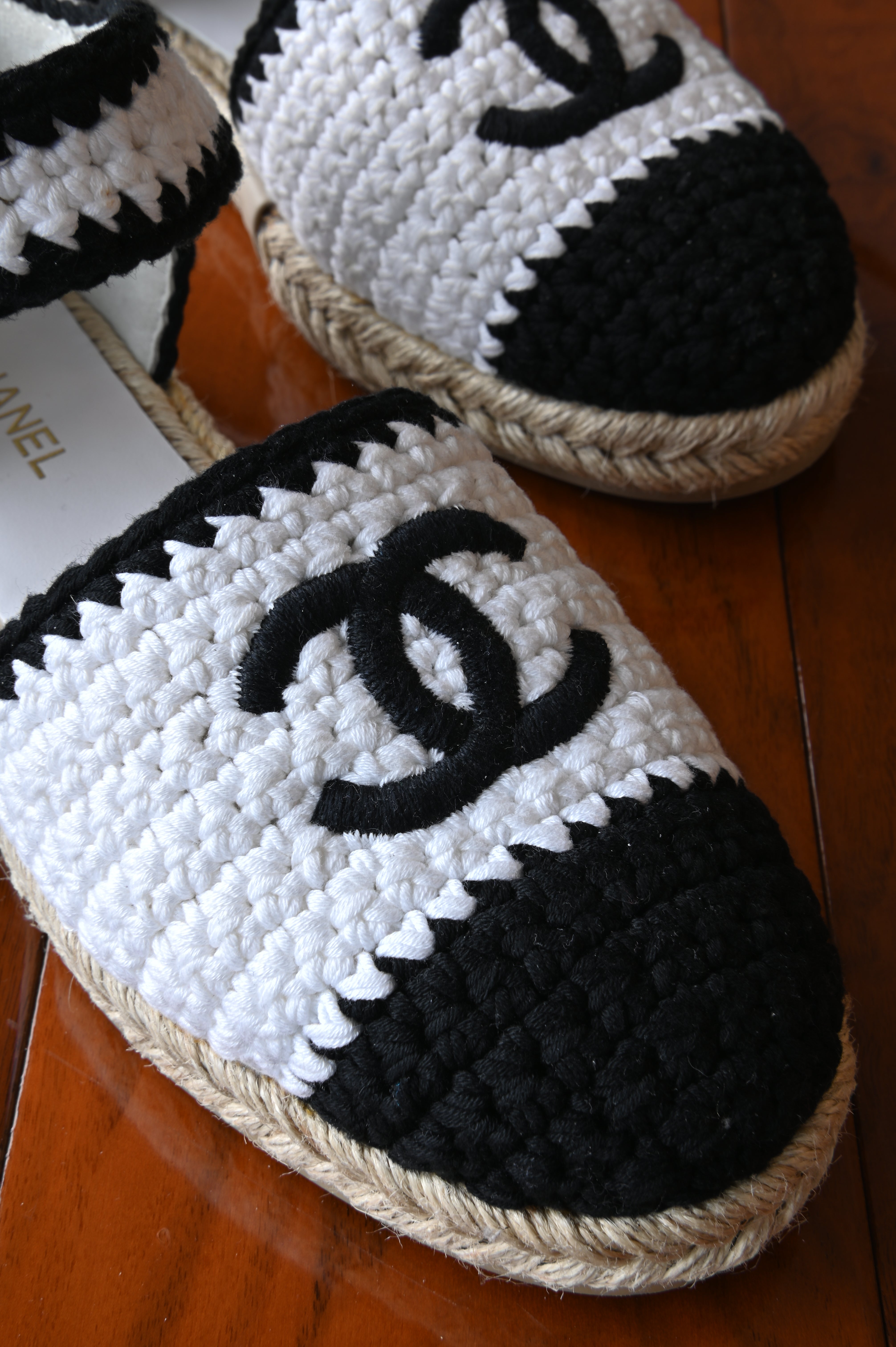 Chanel White Black Wool Ankle Strap Mules Espadrilles in Gold Hardware front