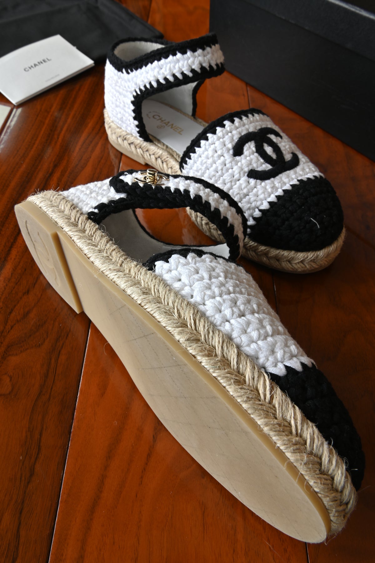 Chanel White Black Wool Ankle Strap Mules Espadrilles in Gold Hardware left