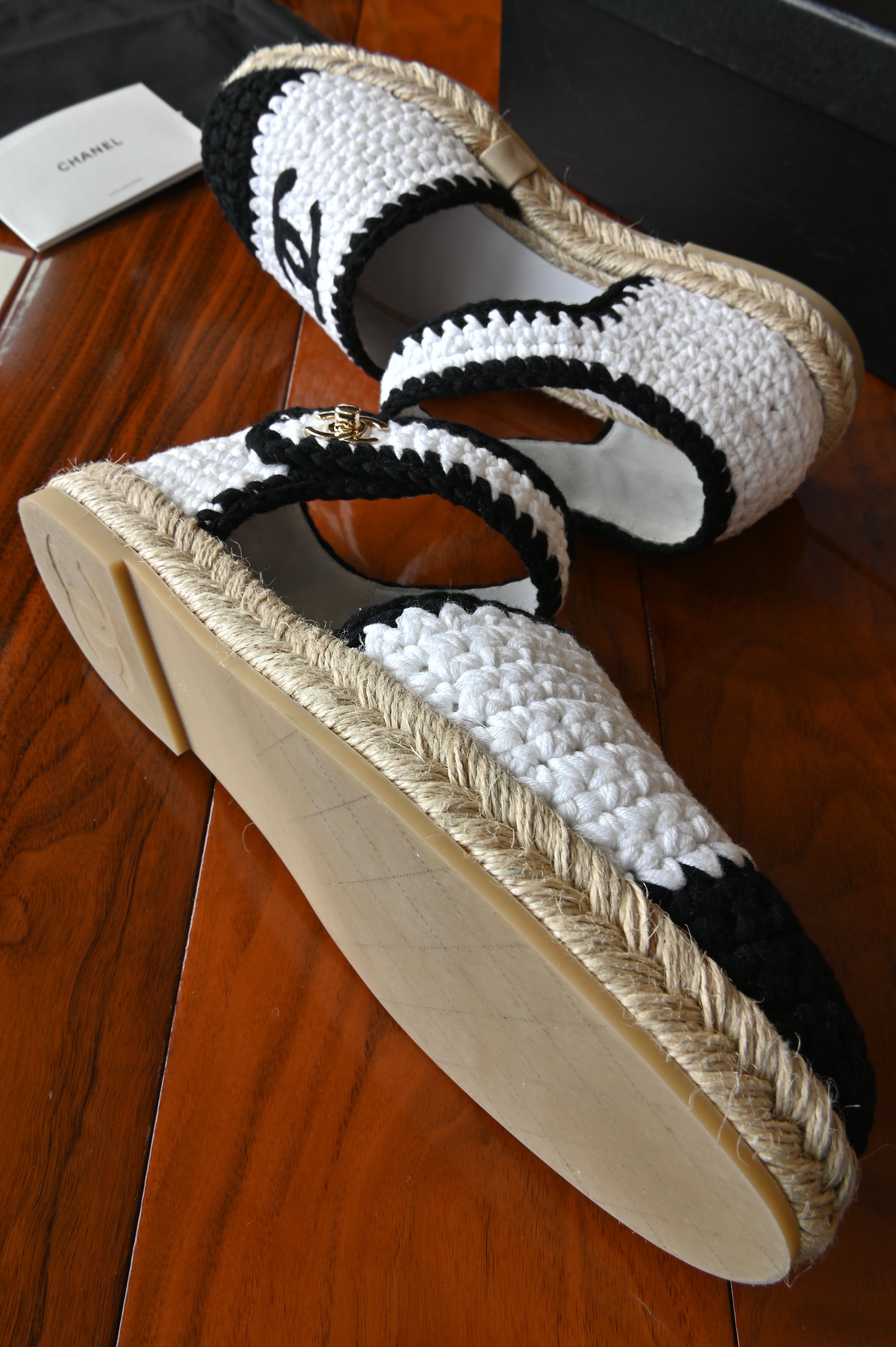 Chanel White Black Wool Ankle Strap Mules Espadrilles in Gold Hardware side