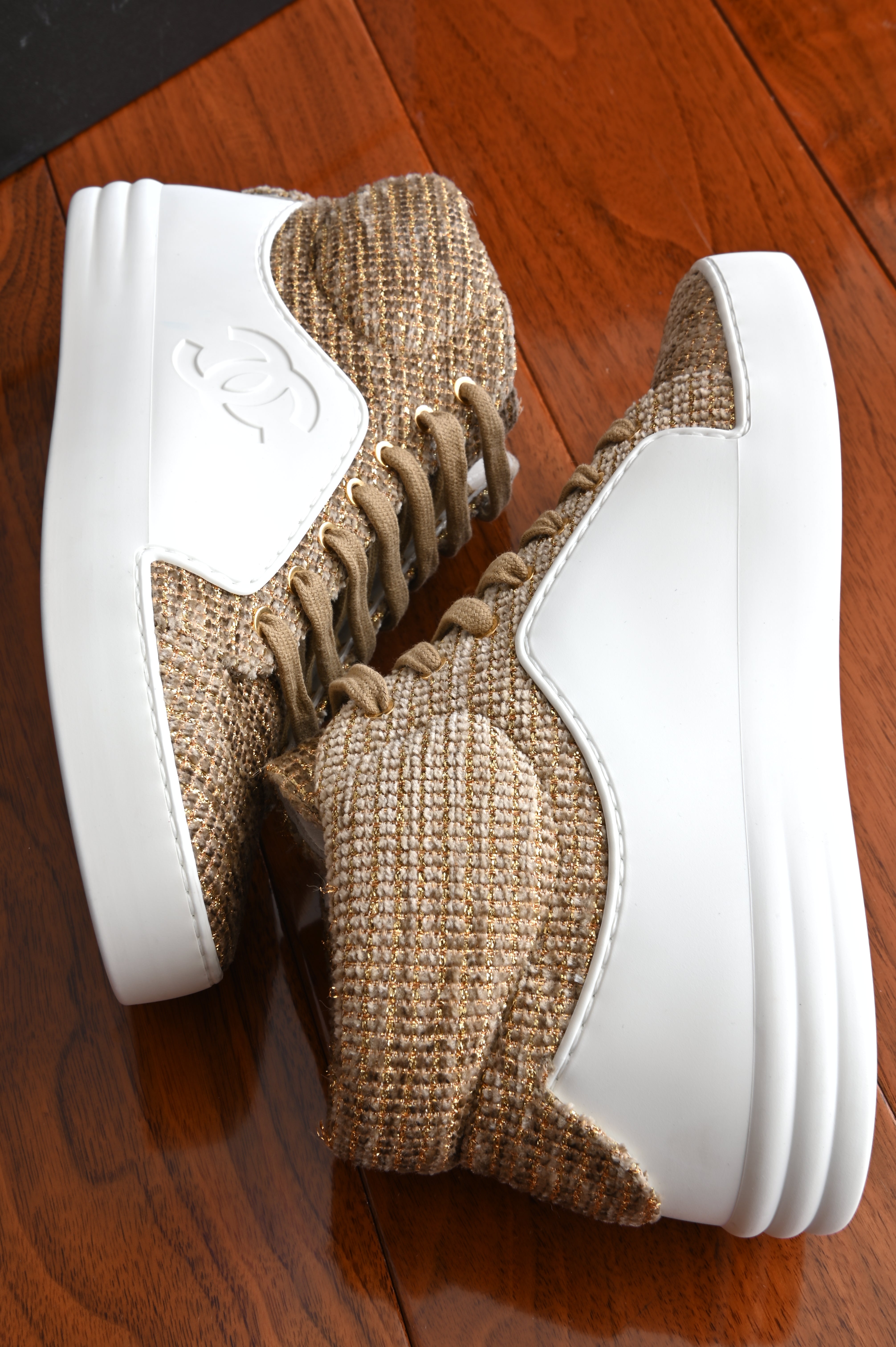 Chanel Yellow Tweed High-Top Sneakers side