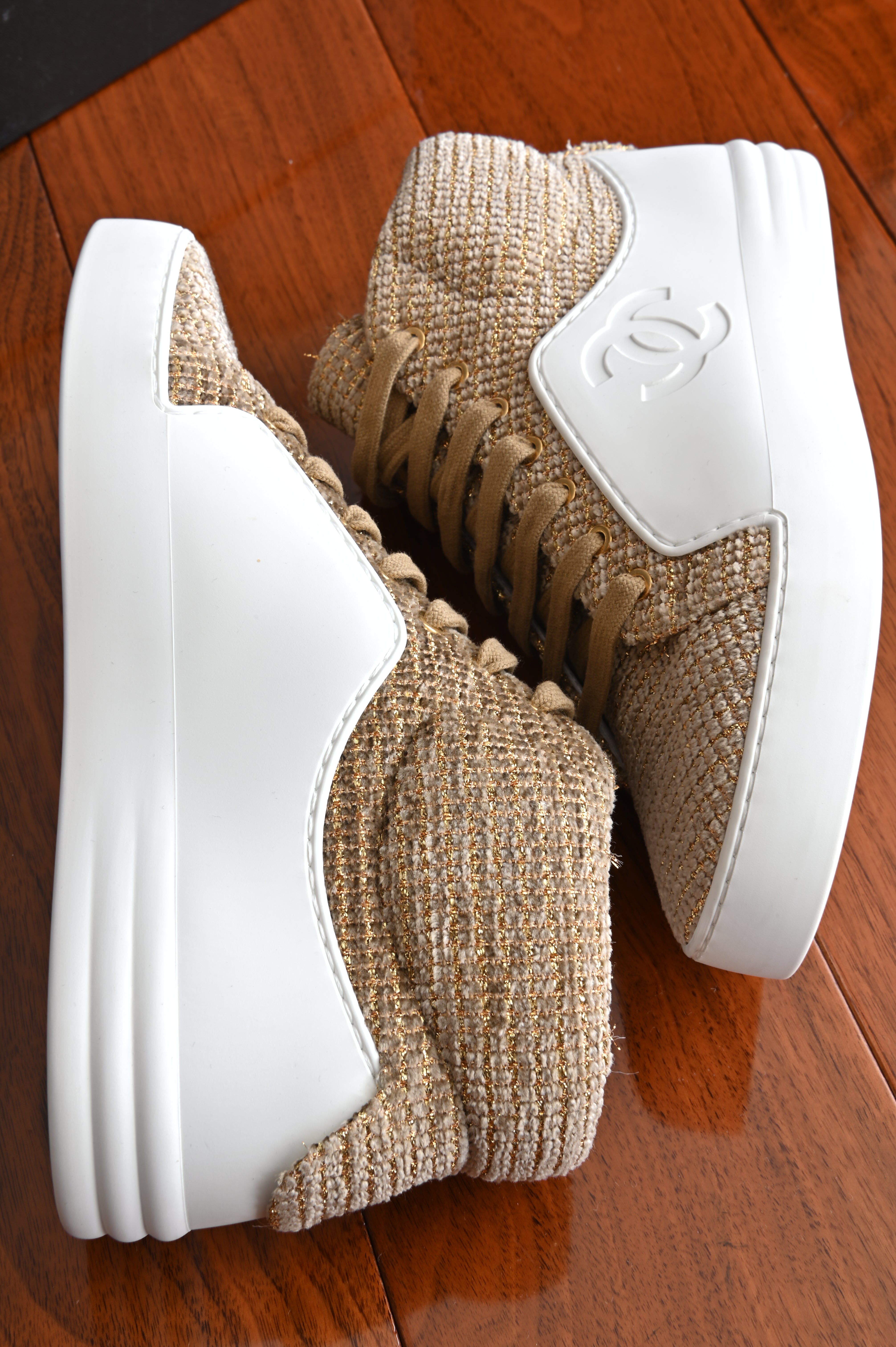 Chanel Yellow Tweed High-Top Sneakers side two