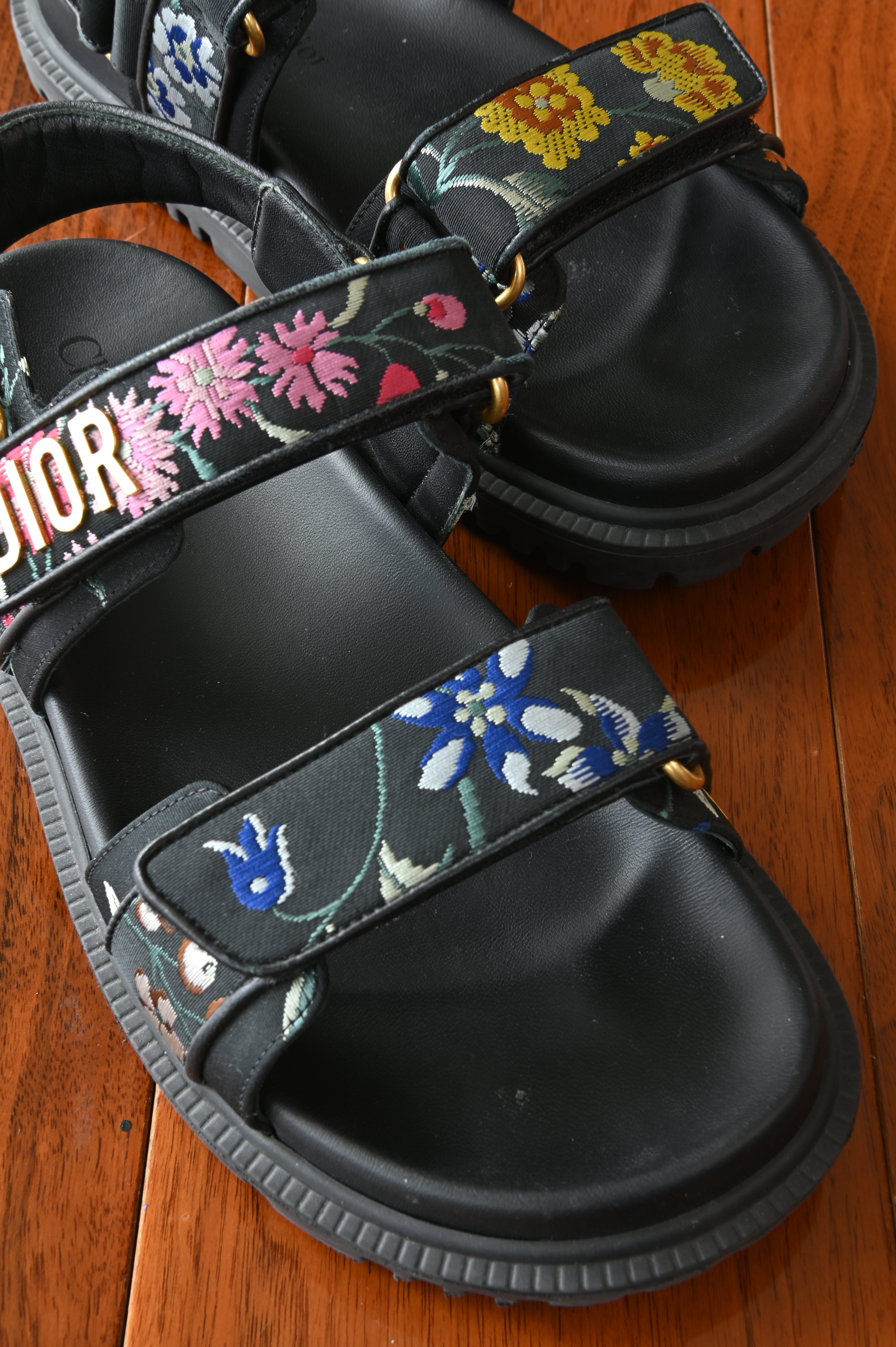 Christian Dior Black Floral Platform Sandals front