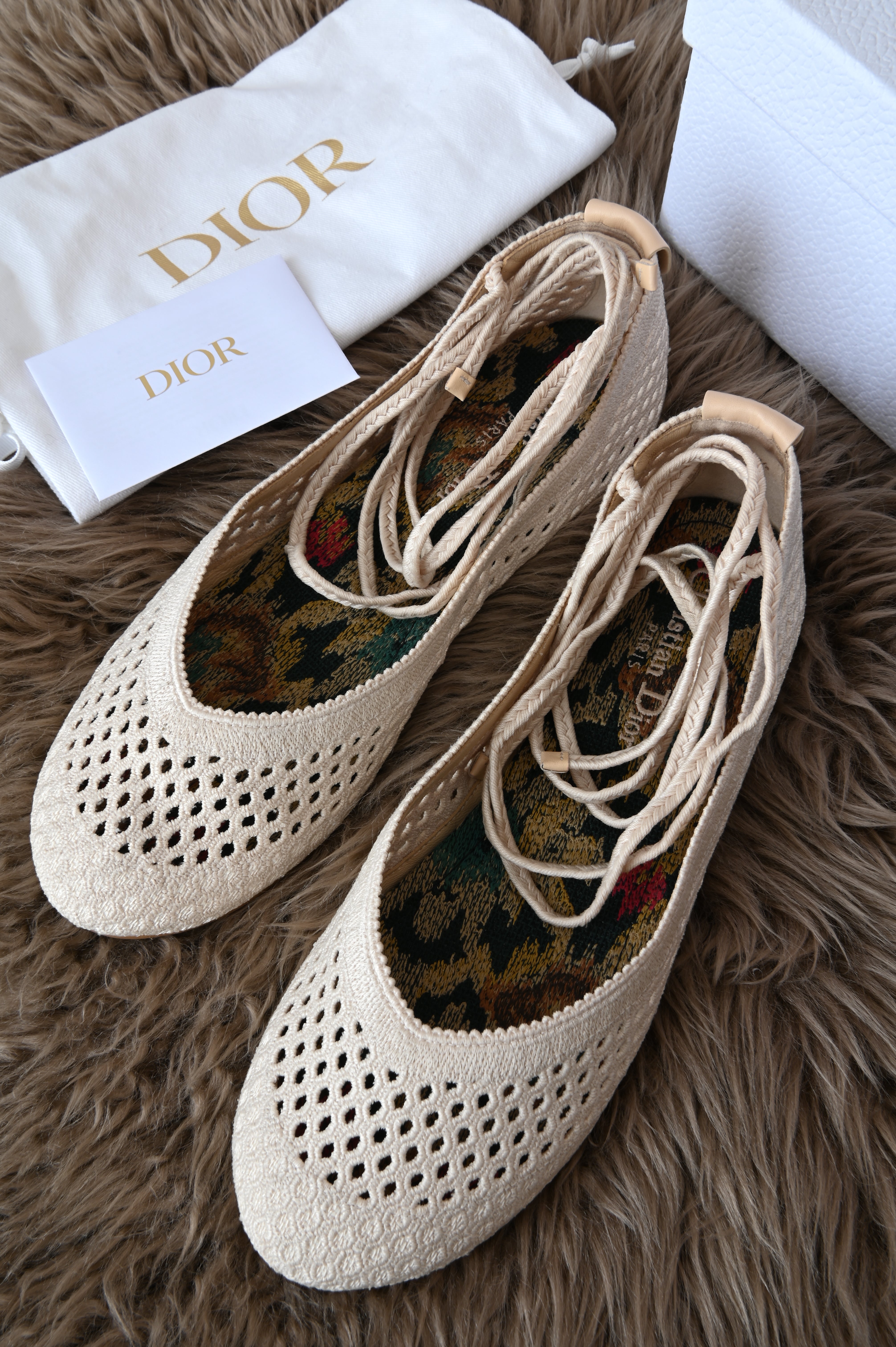 Christian Dior Cream Technical Fabric Poeme Ankle Wrap Ballet Flats