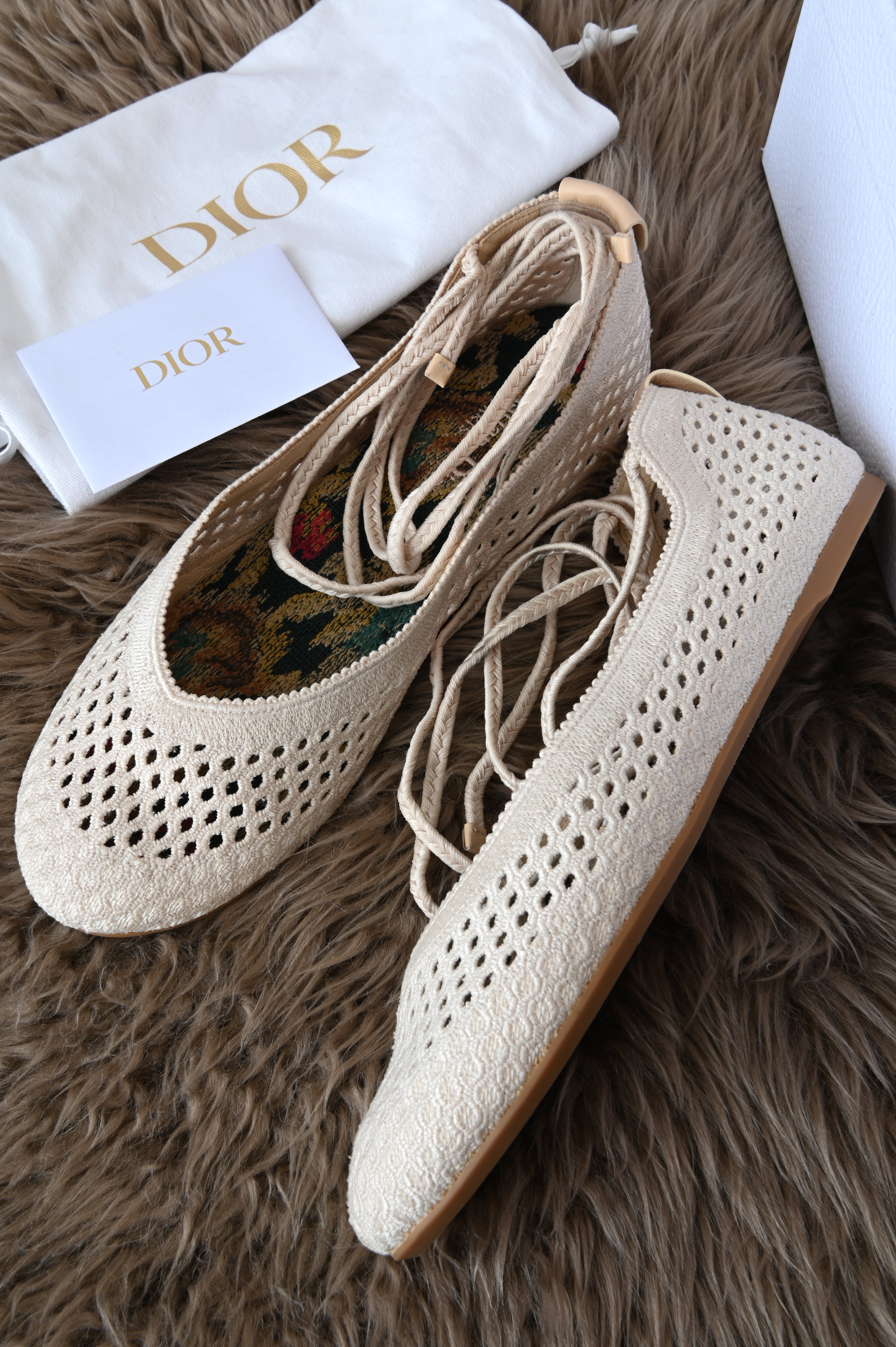 Christian Dior Cream Technical Fabric Poeme Ankle Wrap Ballet Flats front