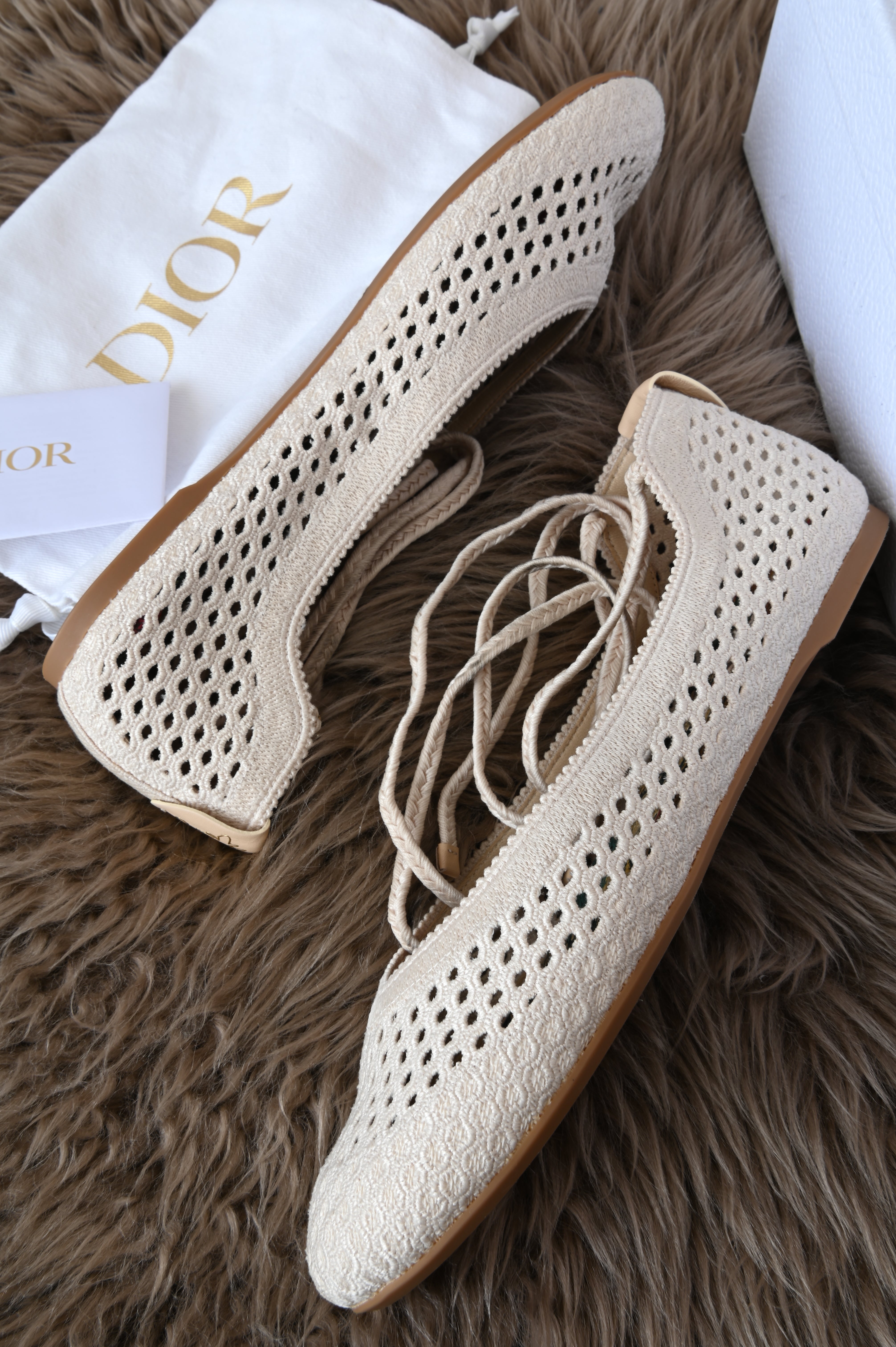 Christian Dior Cream Technical Fabric Poeme Ankle Wrap Ballet Flats side 1