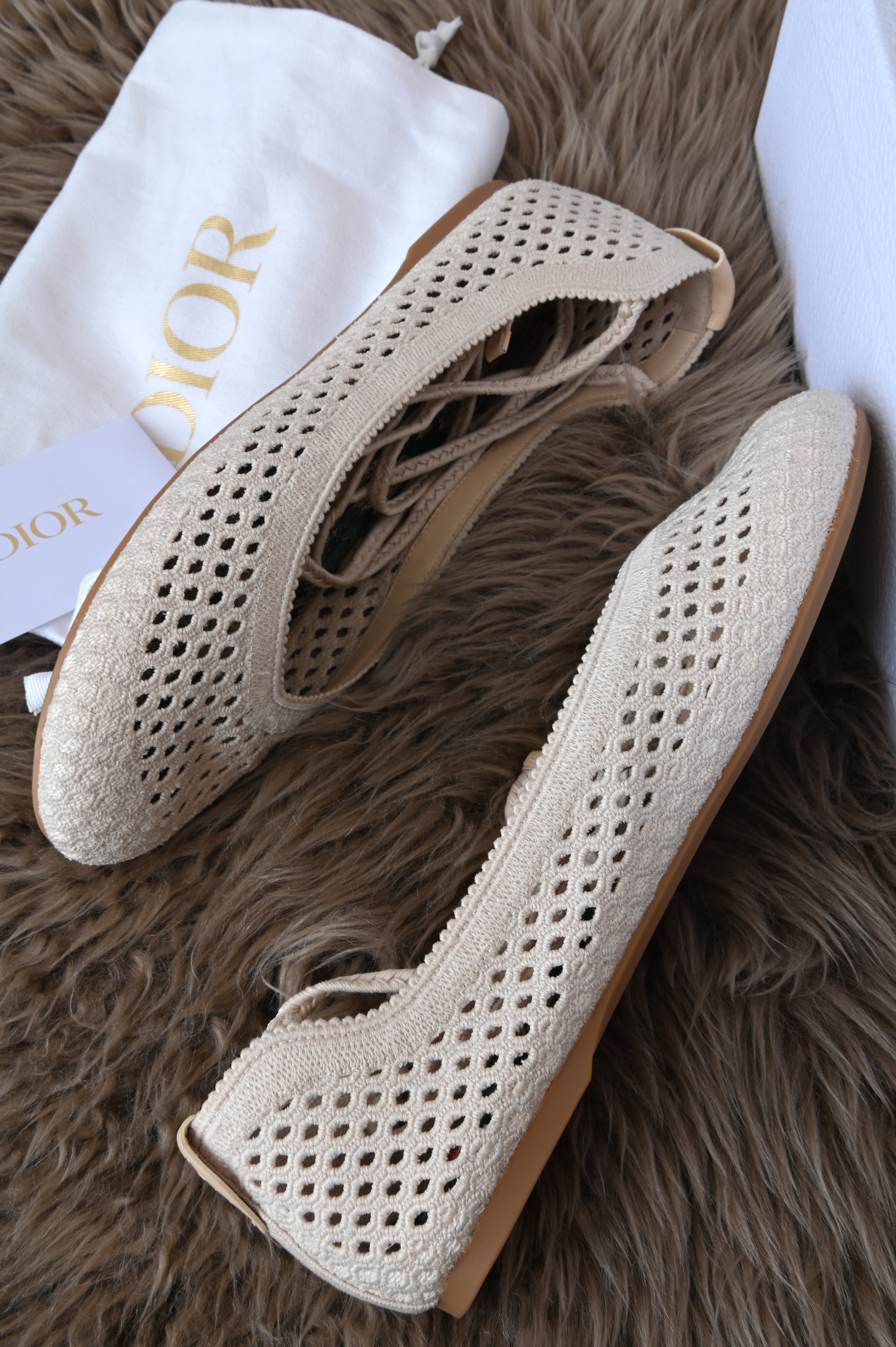 Christian Dior Cream Technical Fabric Poeme Ankle Wrap Ballet Flats side 2