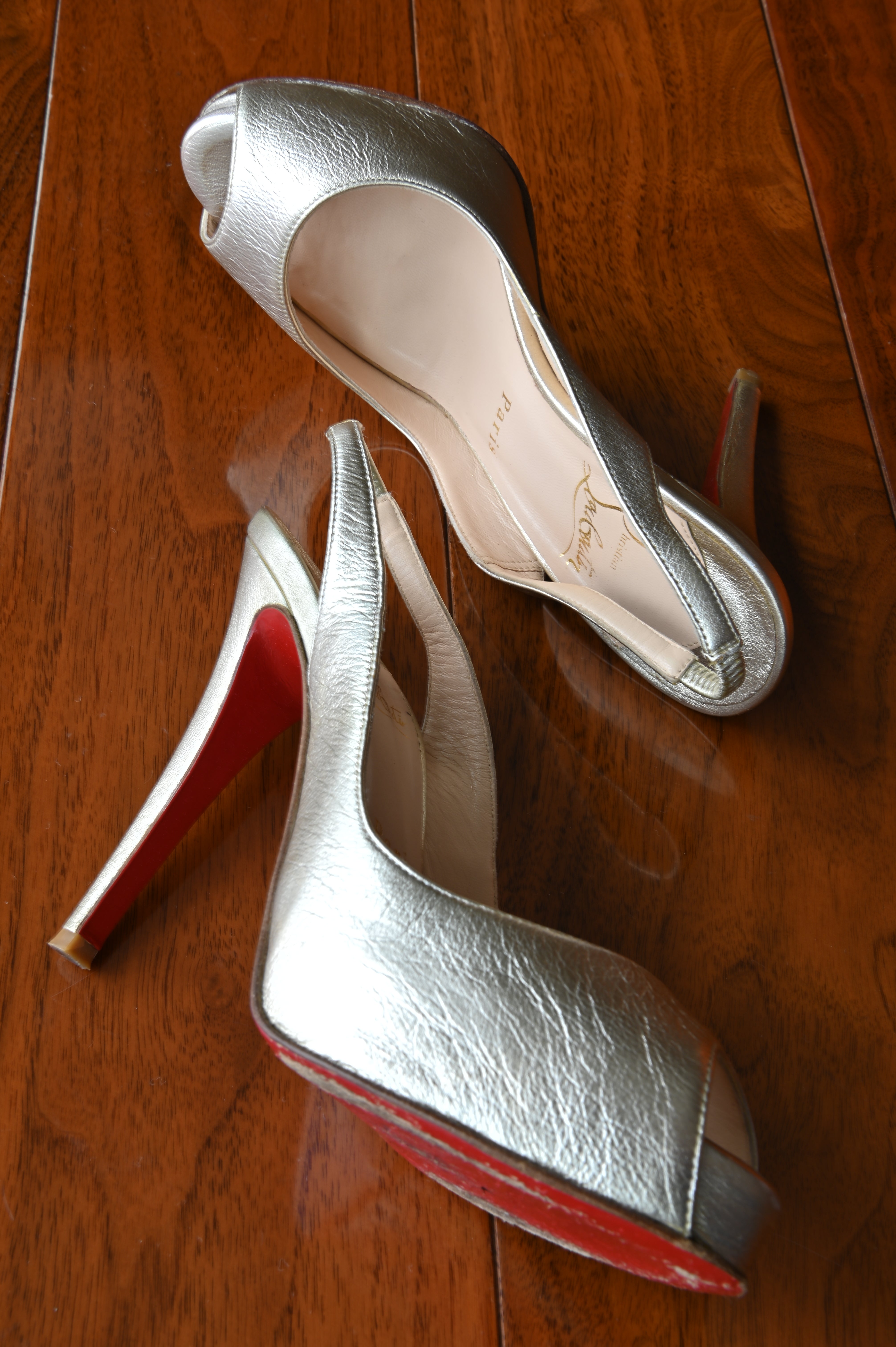 Christian Louboutin Silver Metallic Leather Slingback Pumps side