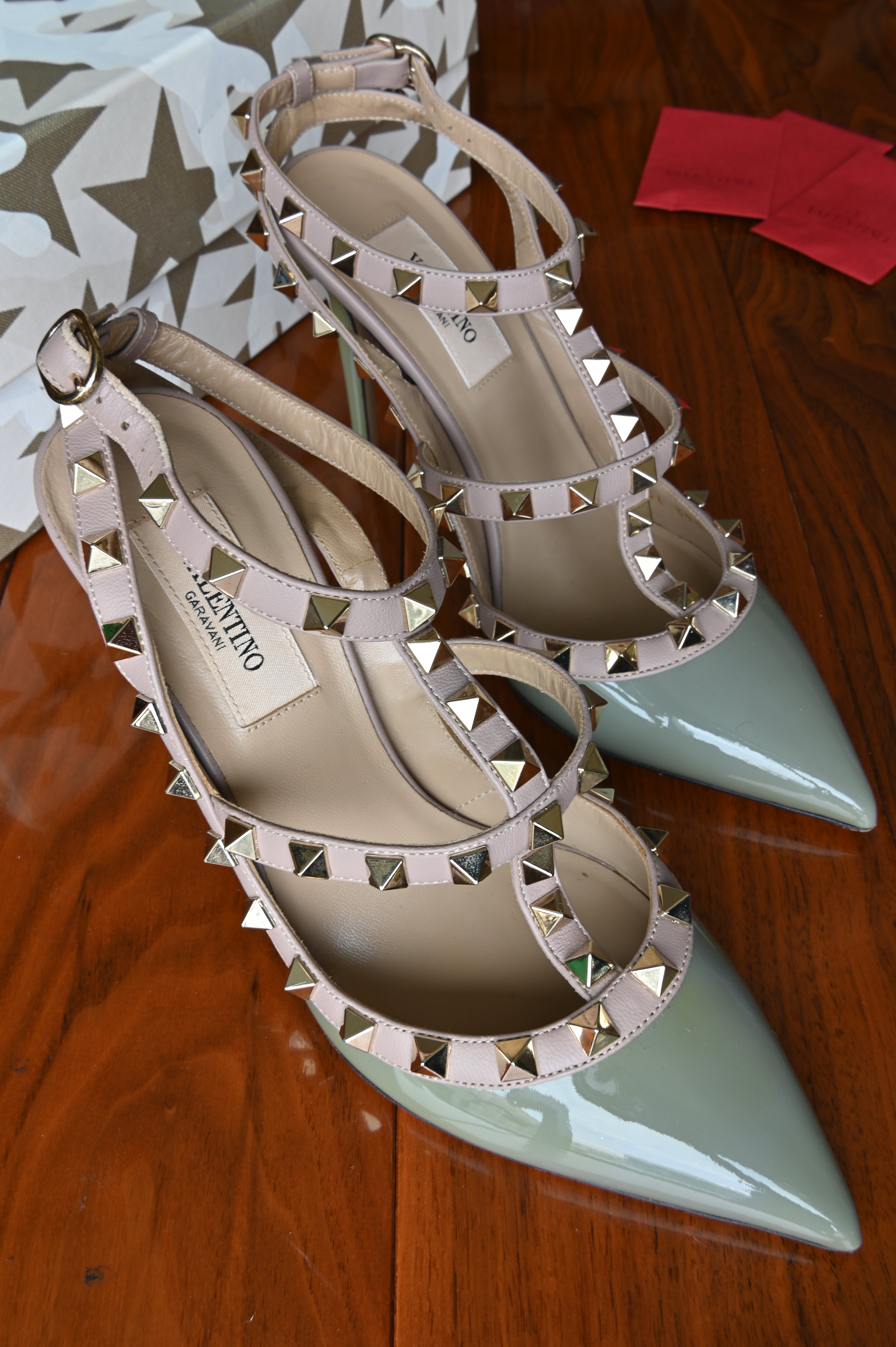 Valentino Garavani Green Patent Rockstud Caged Heels
