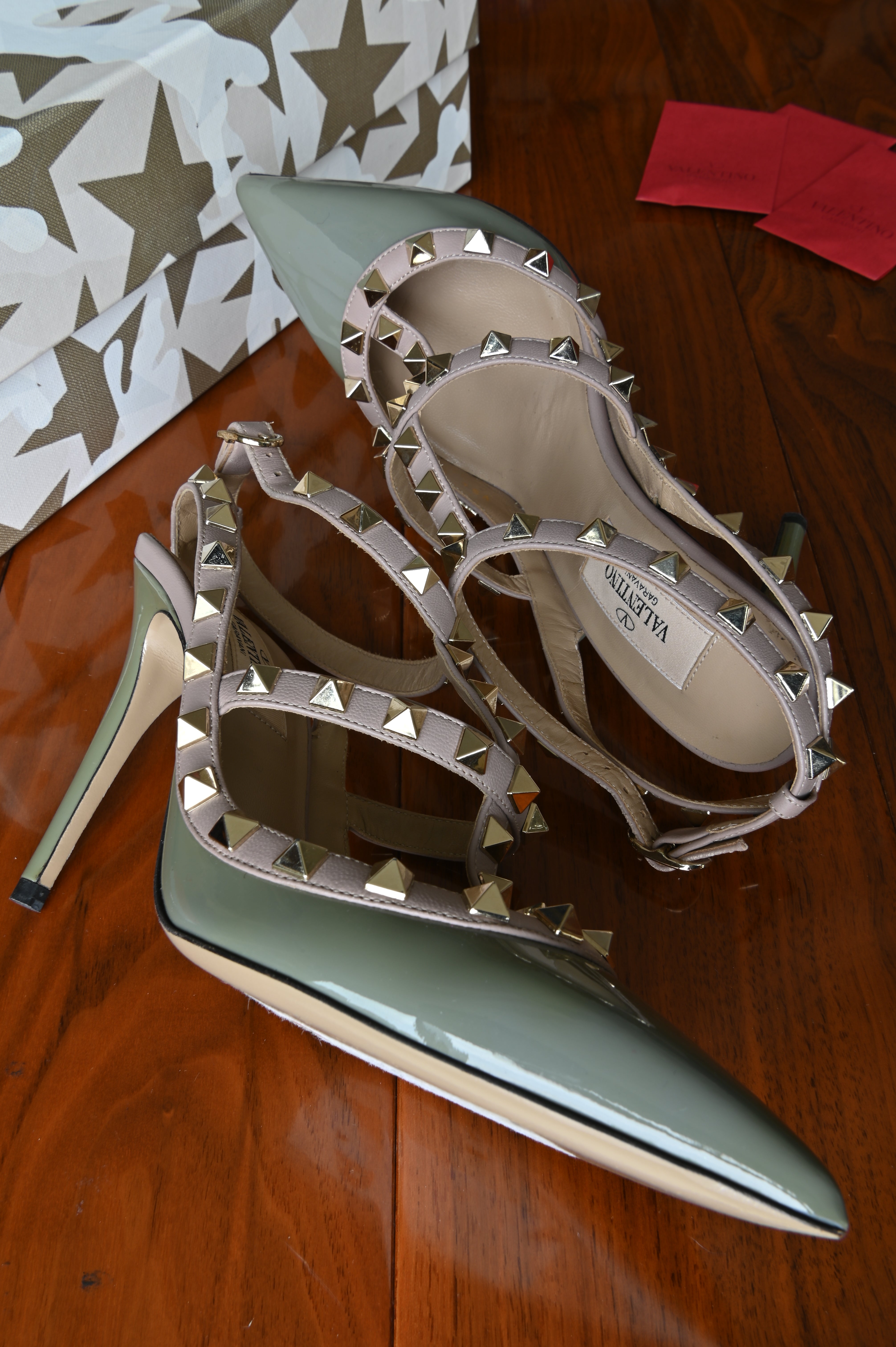 Valentino Garavani Green Patent Rockstud Caged Heels