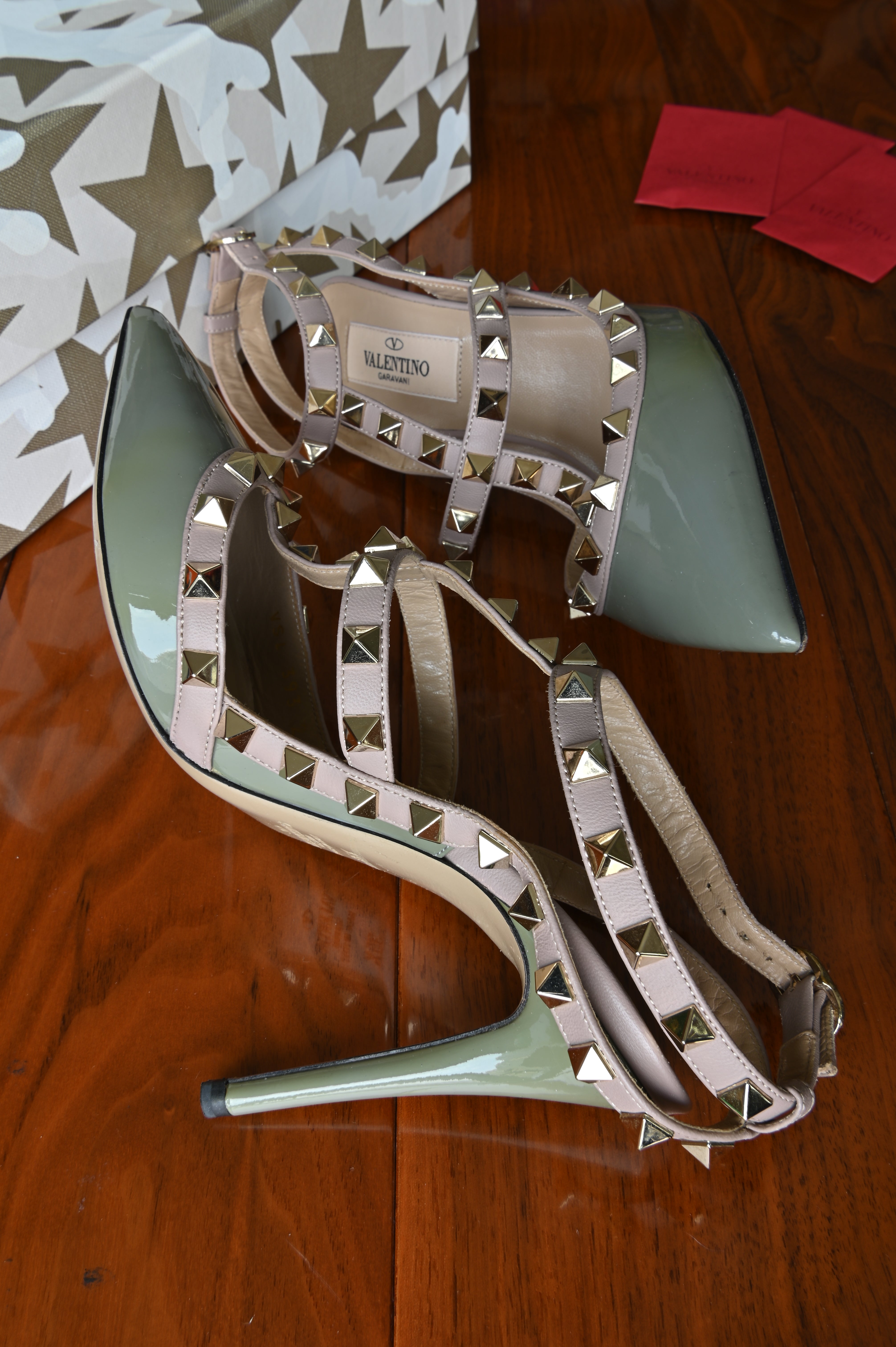 Valentino Garavani Green Patent Rockstud Caged Heels