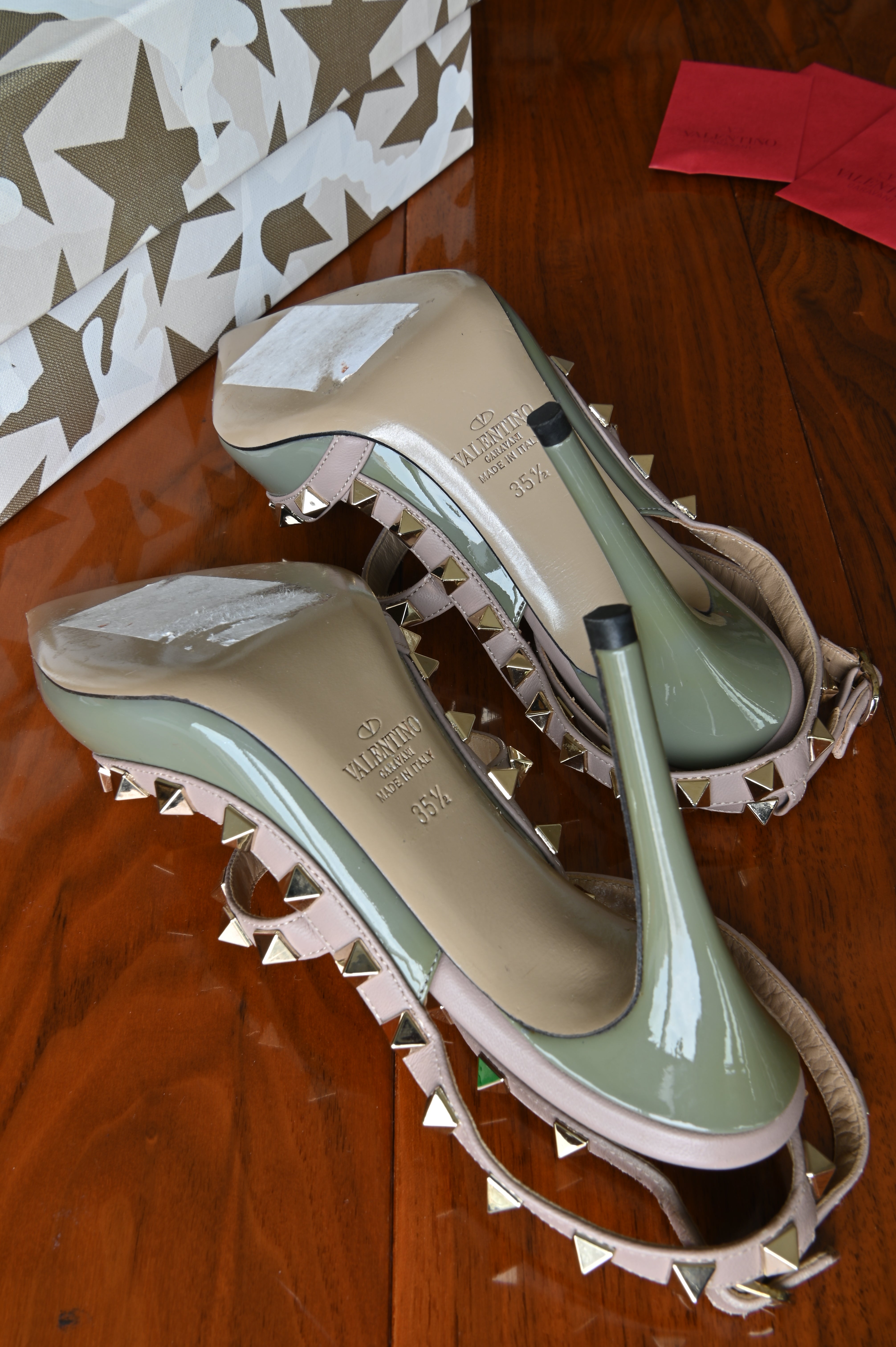 Valentino Garavani Green Patent Rockstud Caged Heels