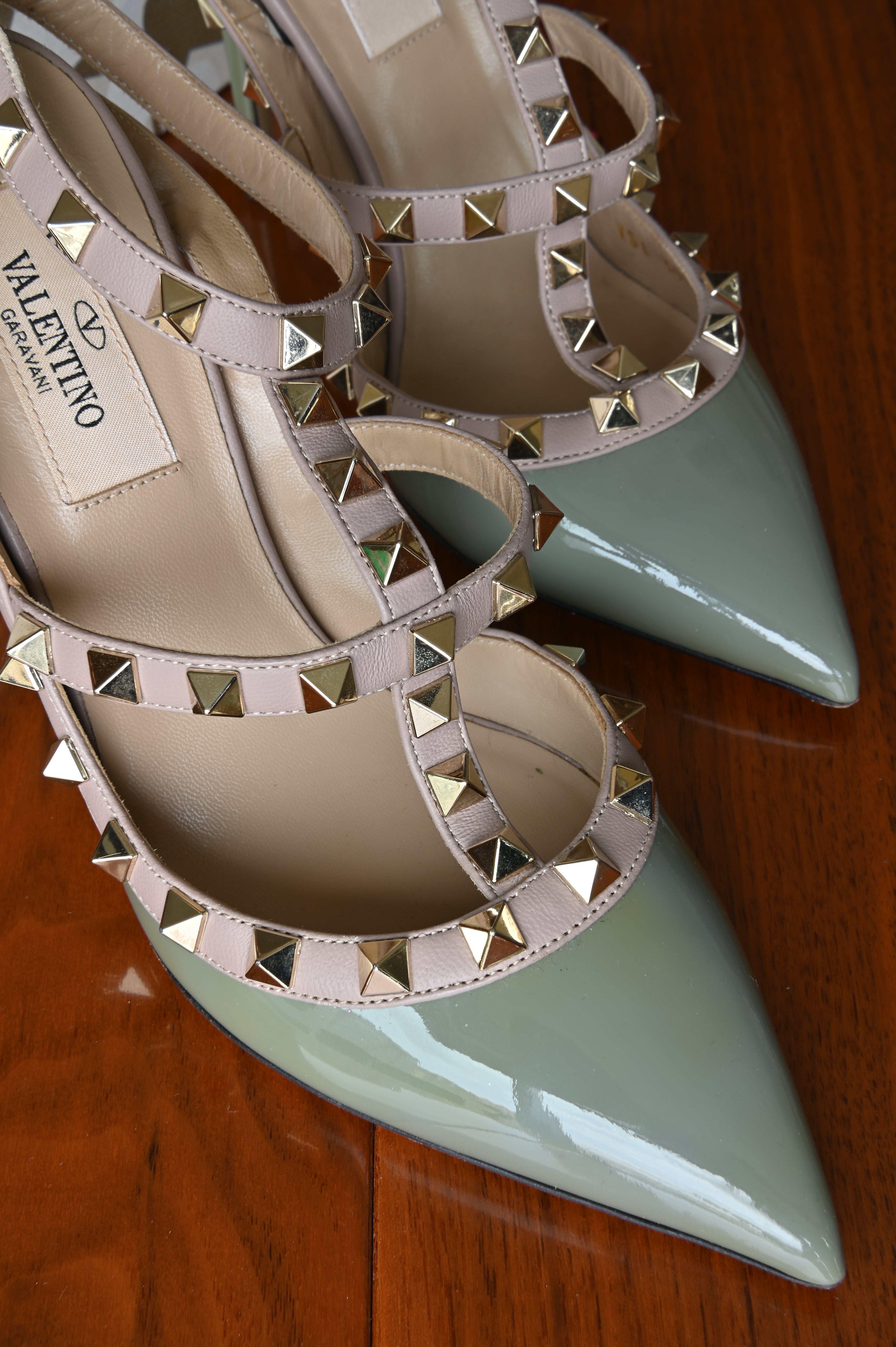 Valentino Garavani Green Patent Rockstud Caged Heels