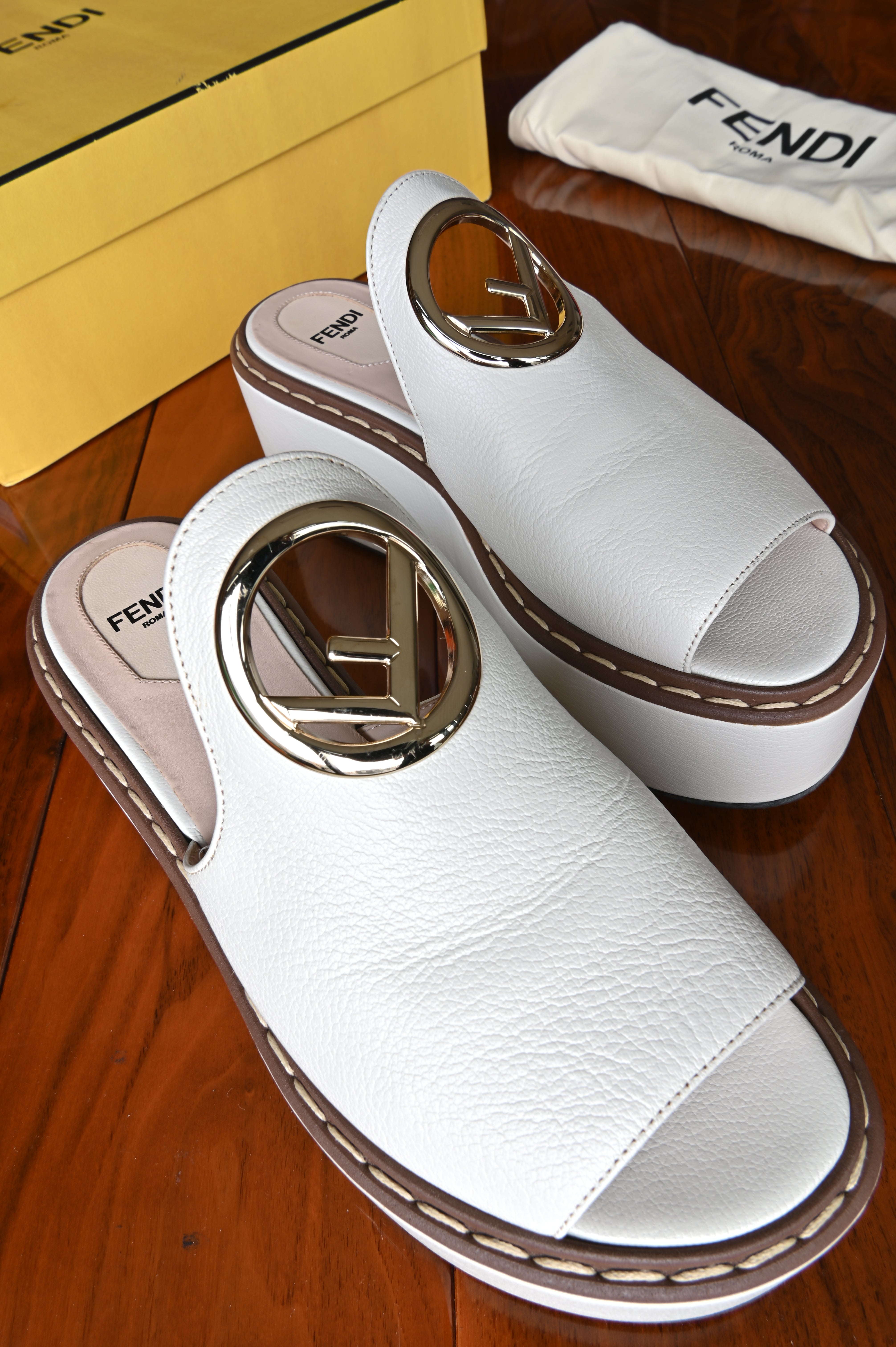 Fendi White Platform Mules