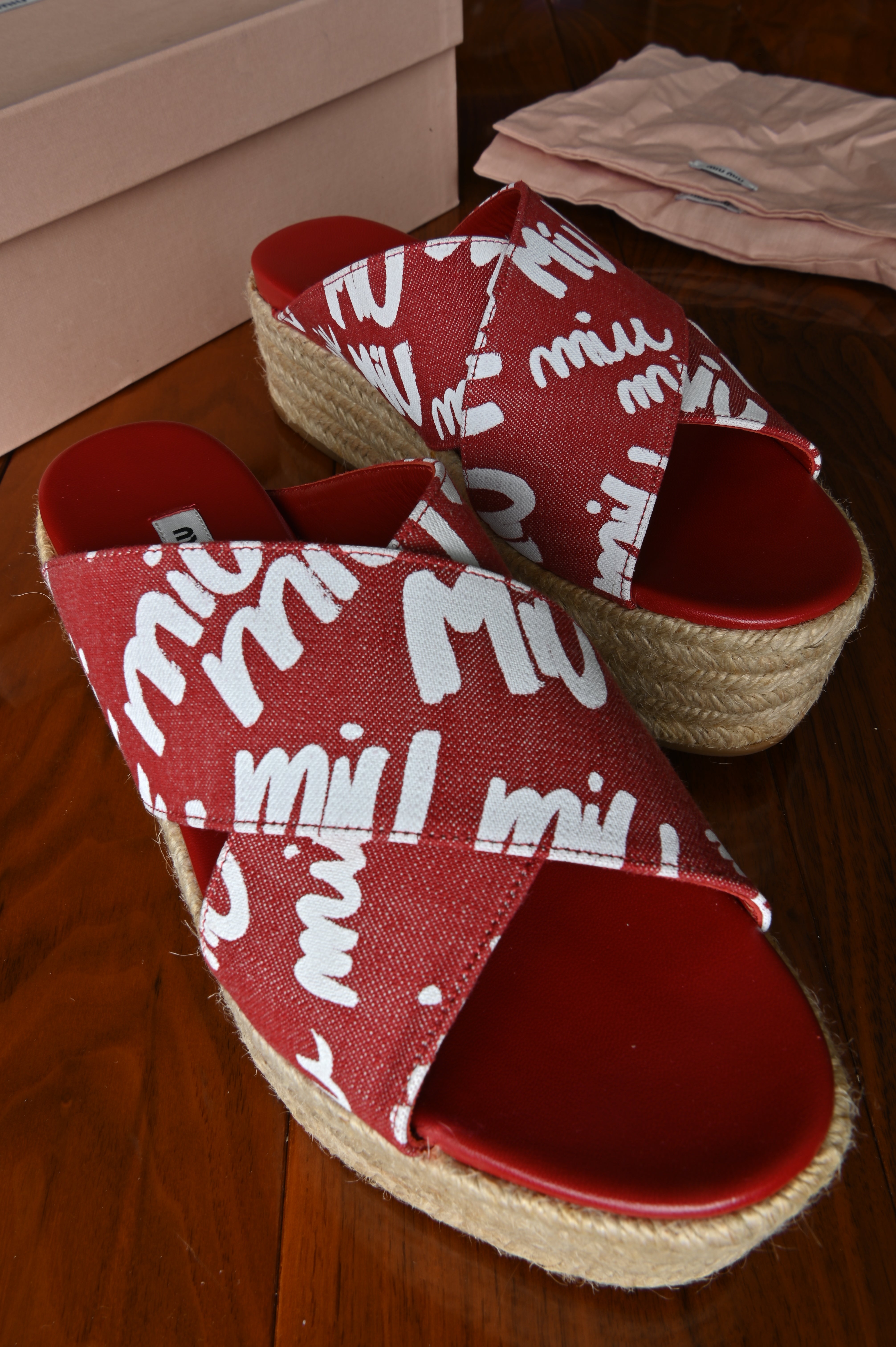 Miu Miu Red Denim Espadrilles Platform Sandals.