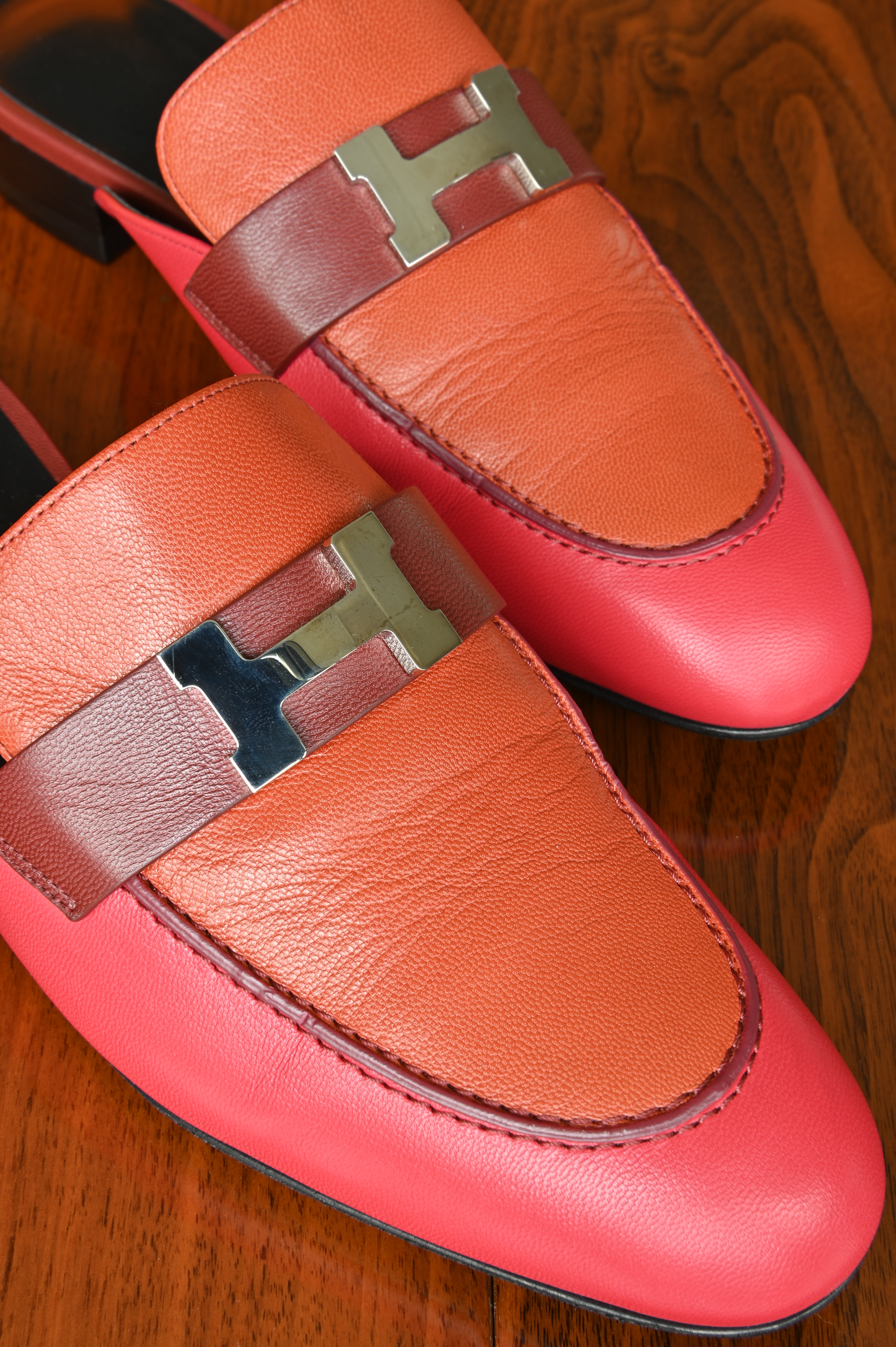 Hermès Trocadero mules in a tricolor