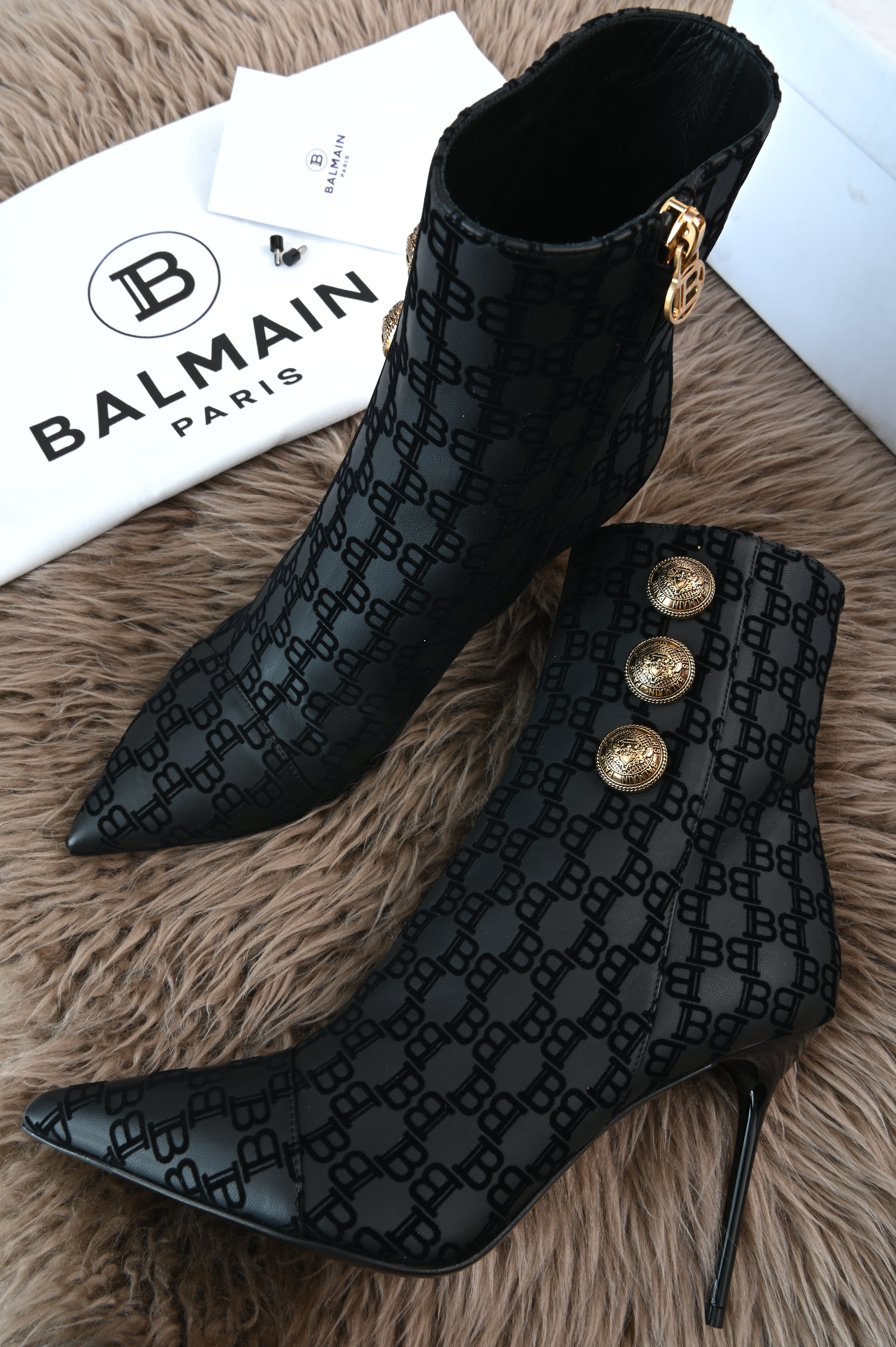 BALMAIN black BB monogram gold buttons high top stiletto boots