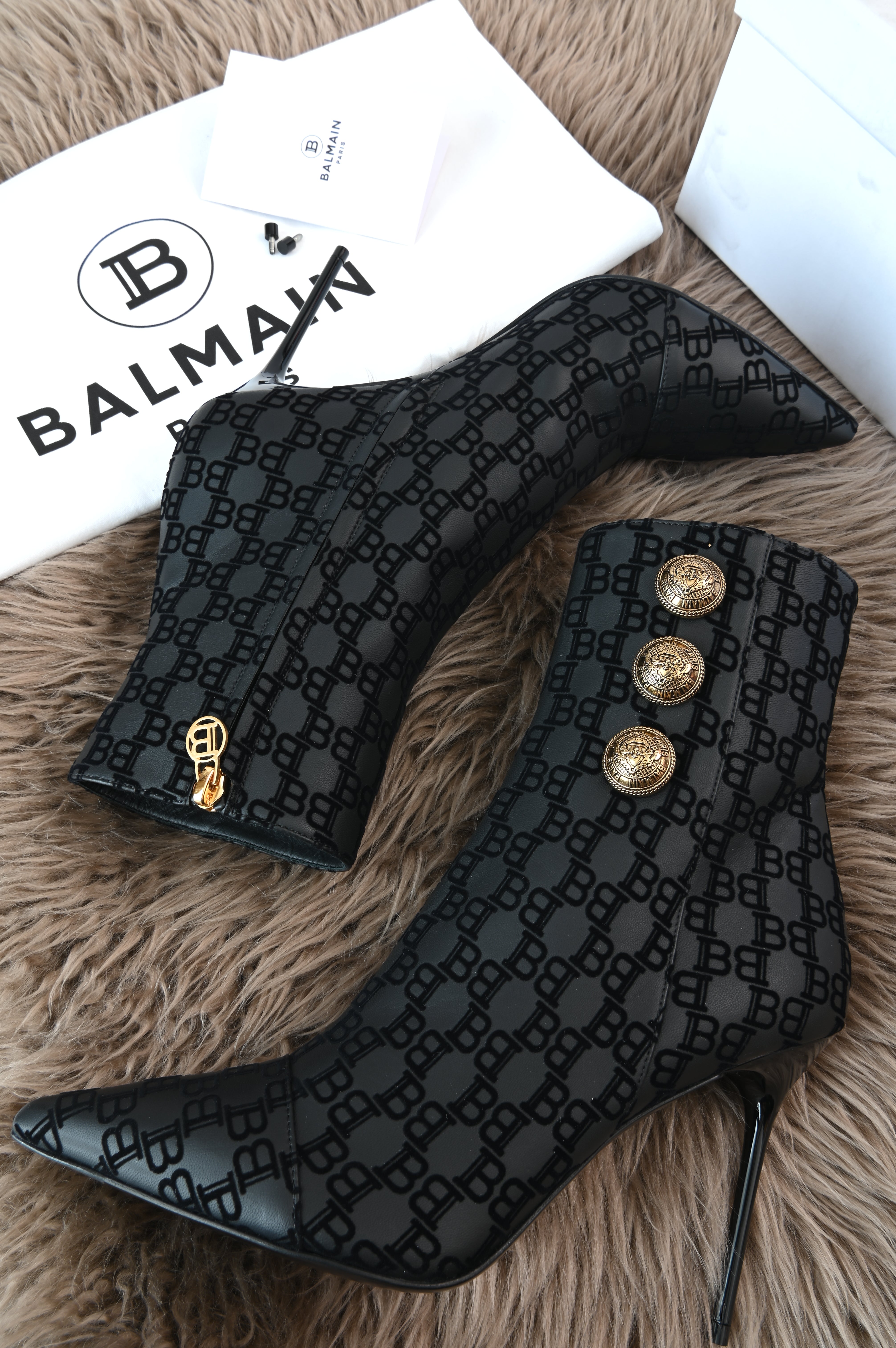 BALMAIN black BB monogram gold buttons high top stiletto boots