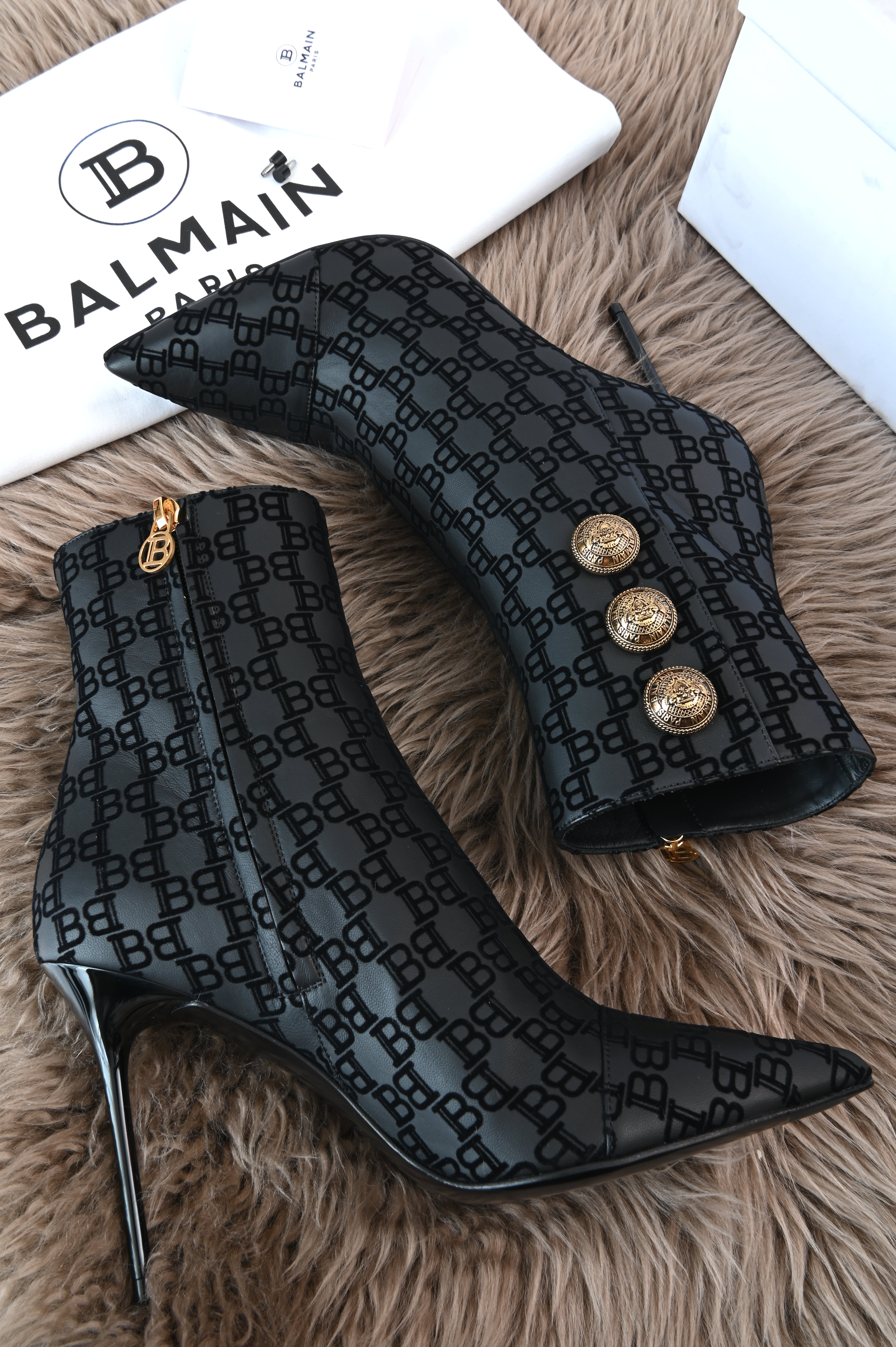 BALMAIN black BB monogram gold buttons high top stiletto boots