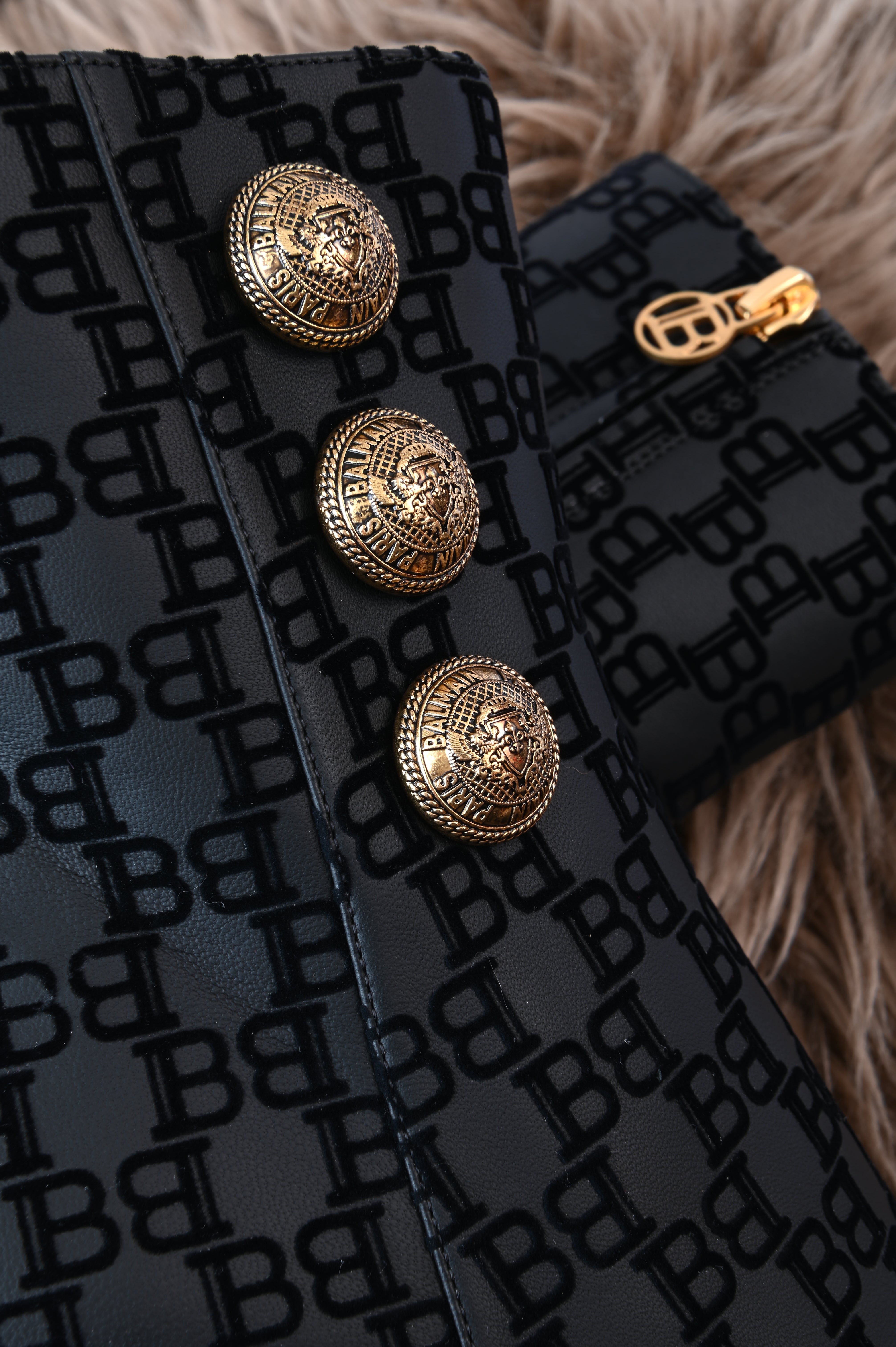 BALMAIN black BB monogram gold buttons high top stiletto boots