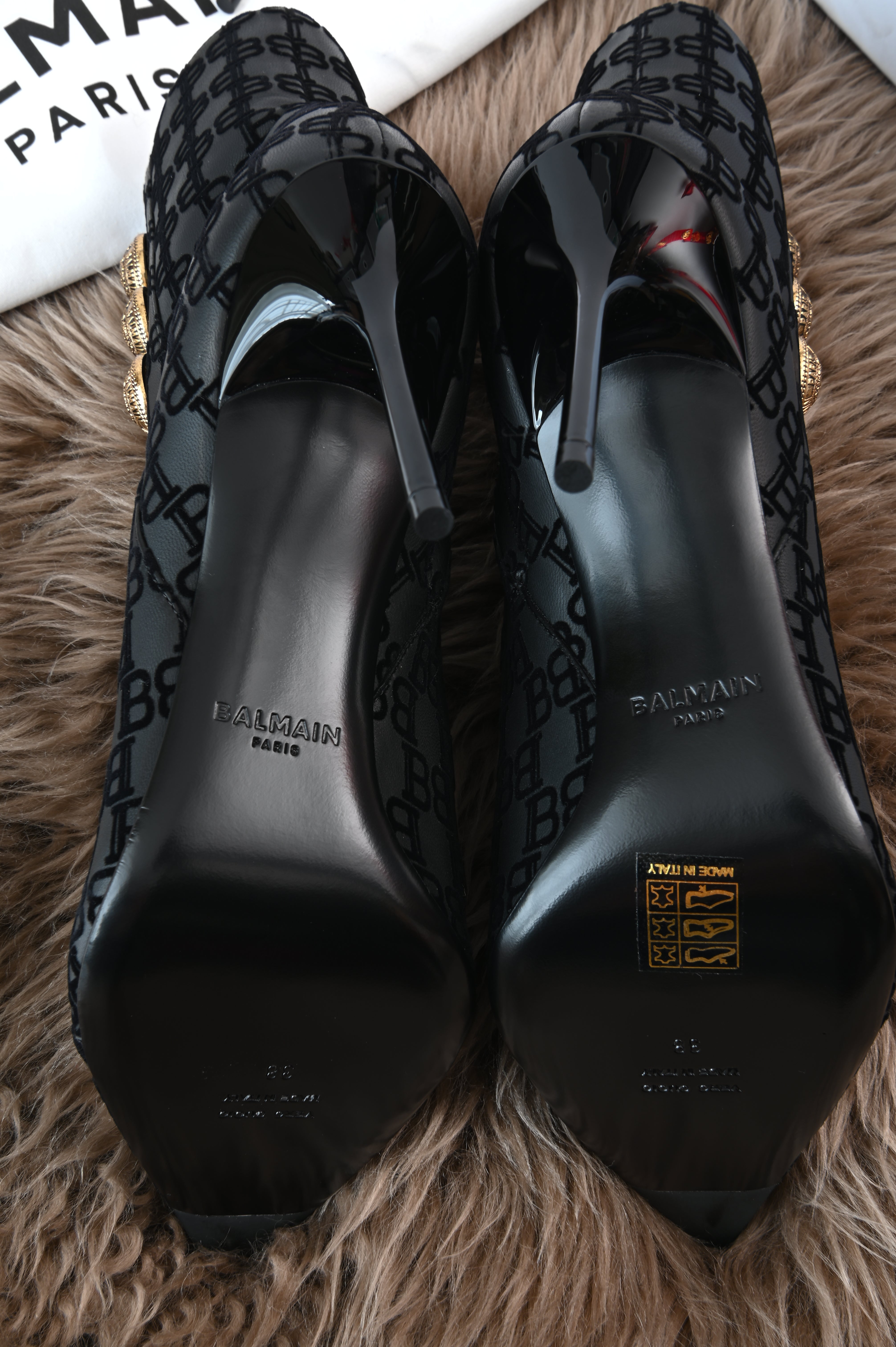 BALMAIN black BB monogram gold buttons high top stiletto boots