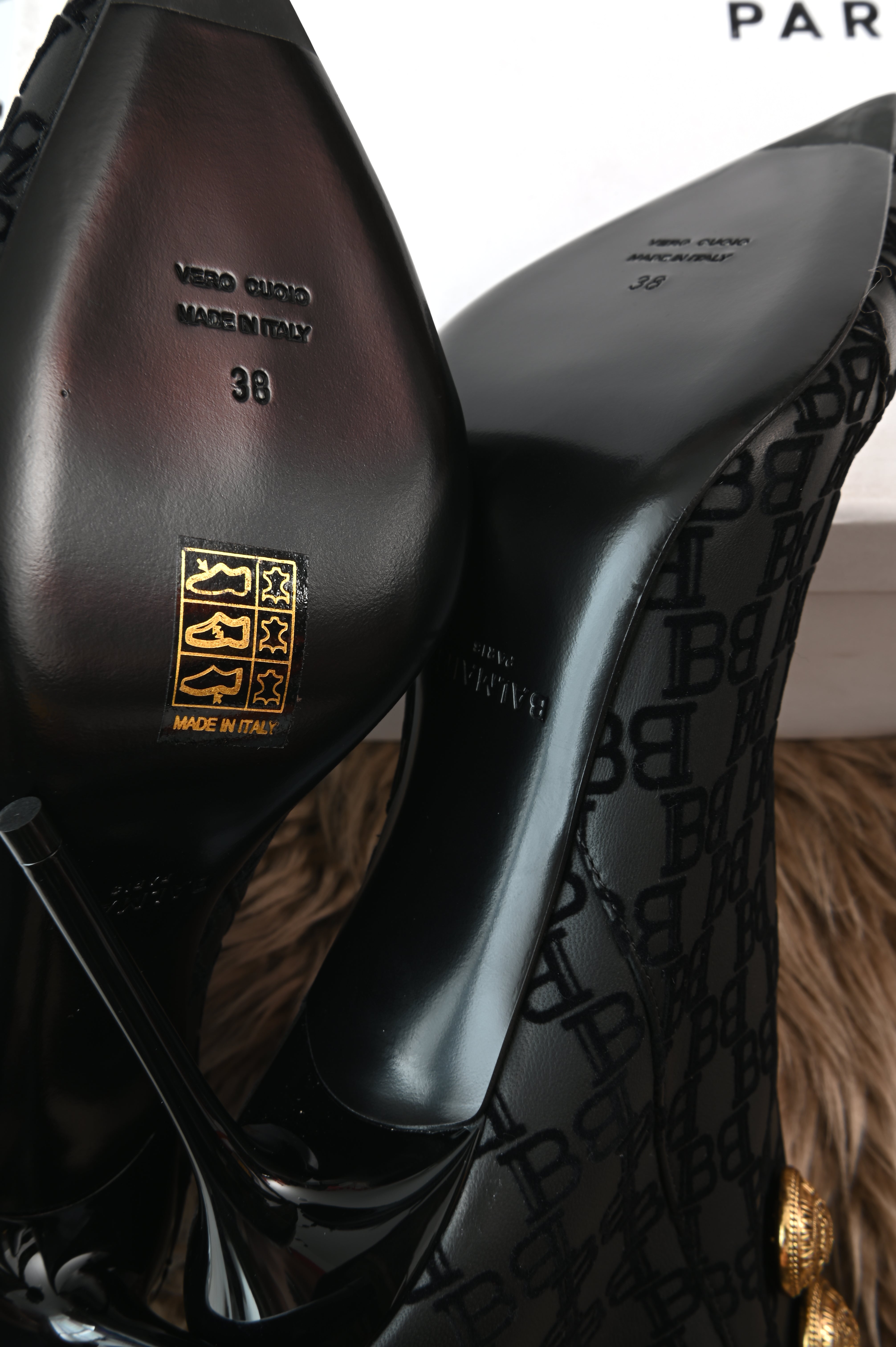 BALMAIN black BB monogram gold buttons high top stiletto boots