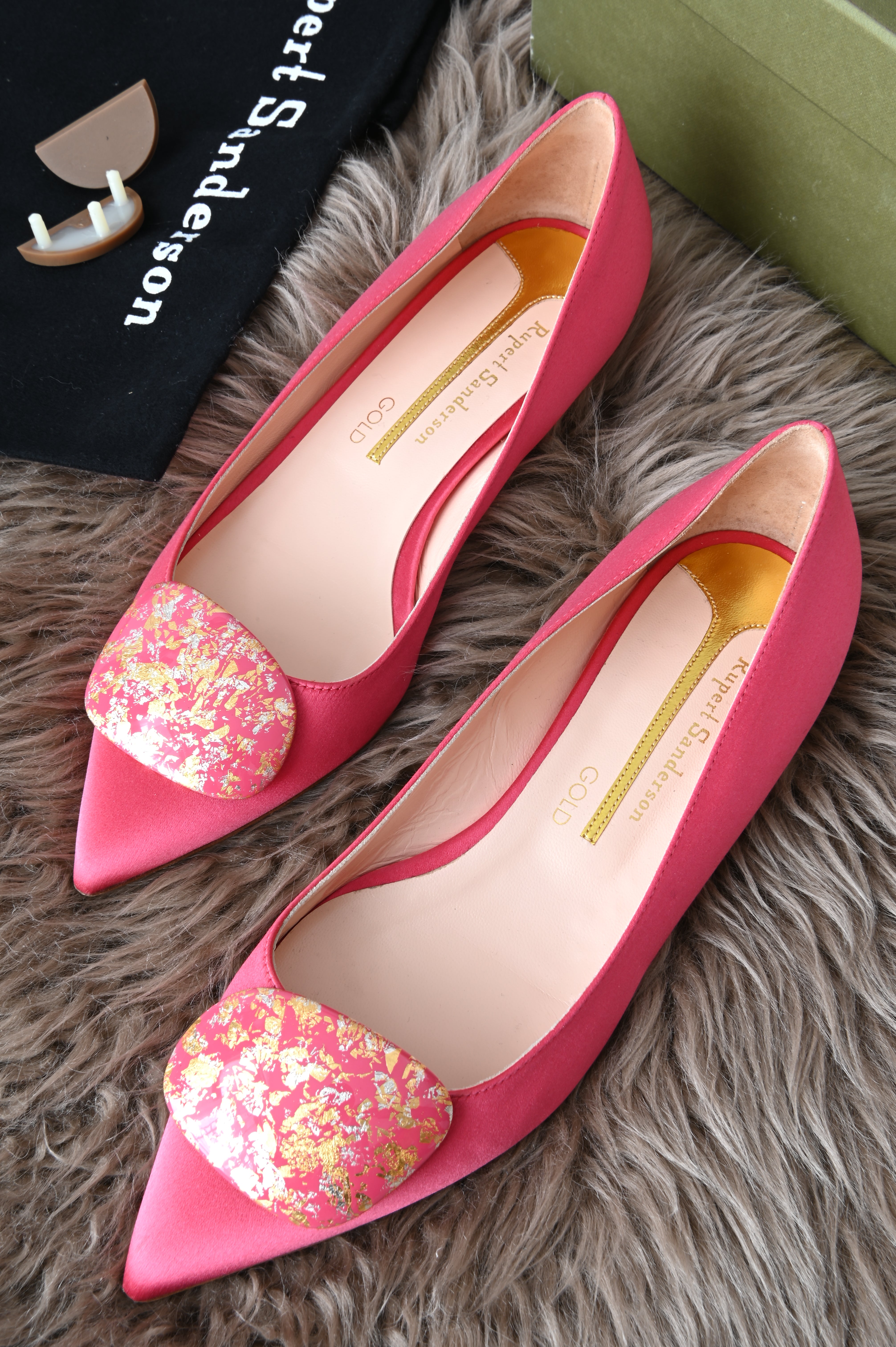Rupert Sanderson pointed flats in pink with gold tone