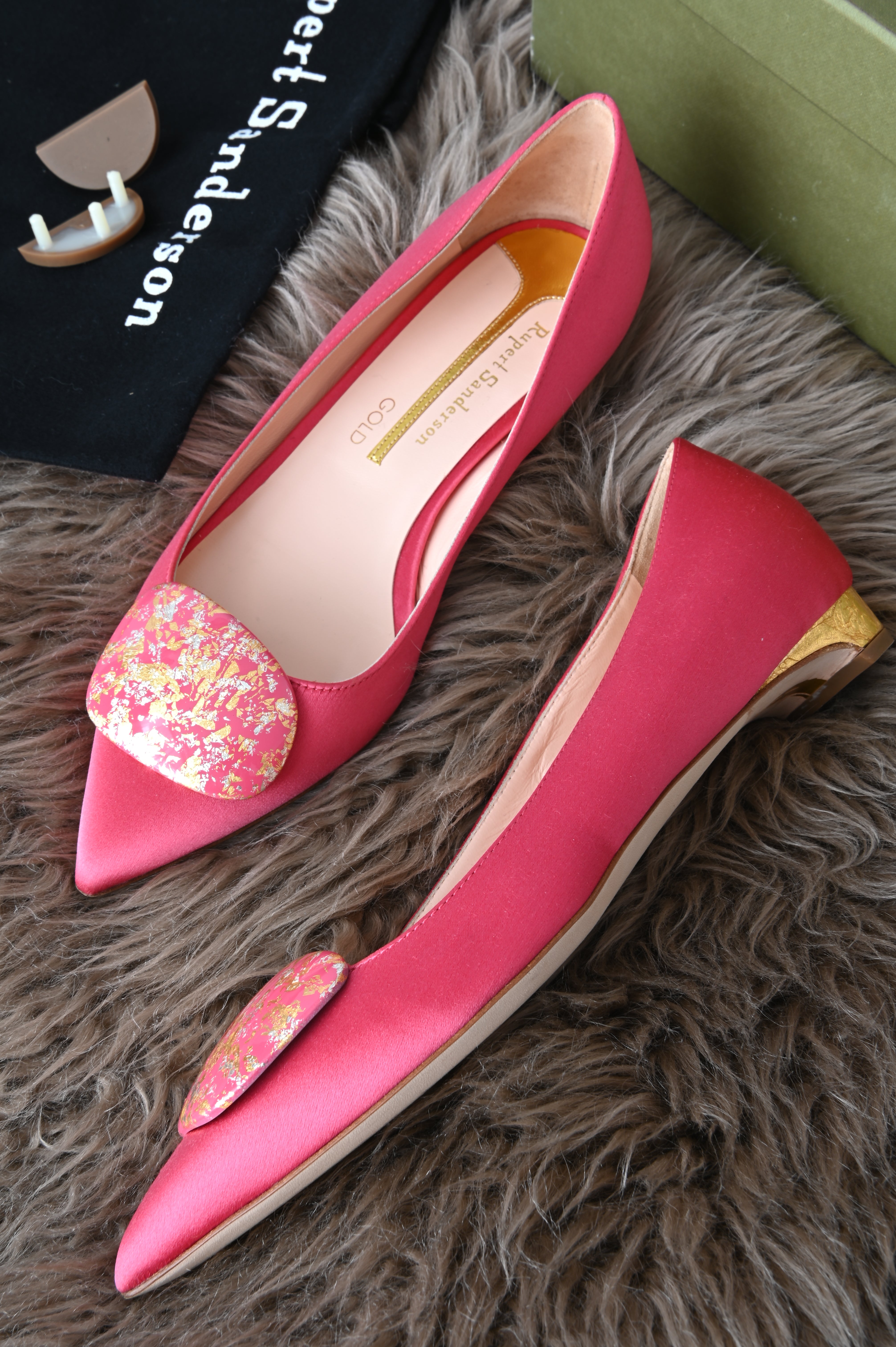 Rupert Sanderson pointed flats in pink with gold tone