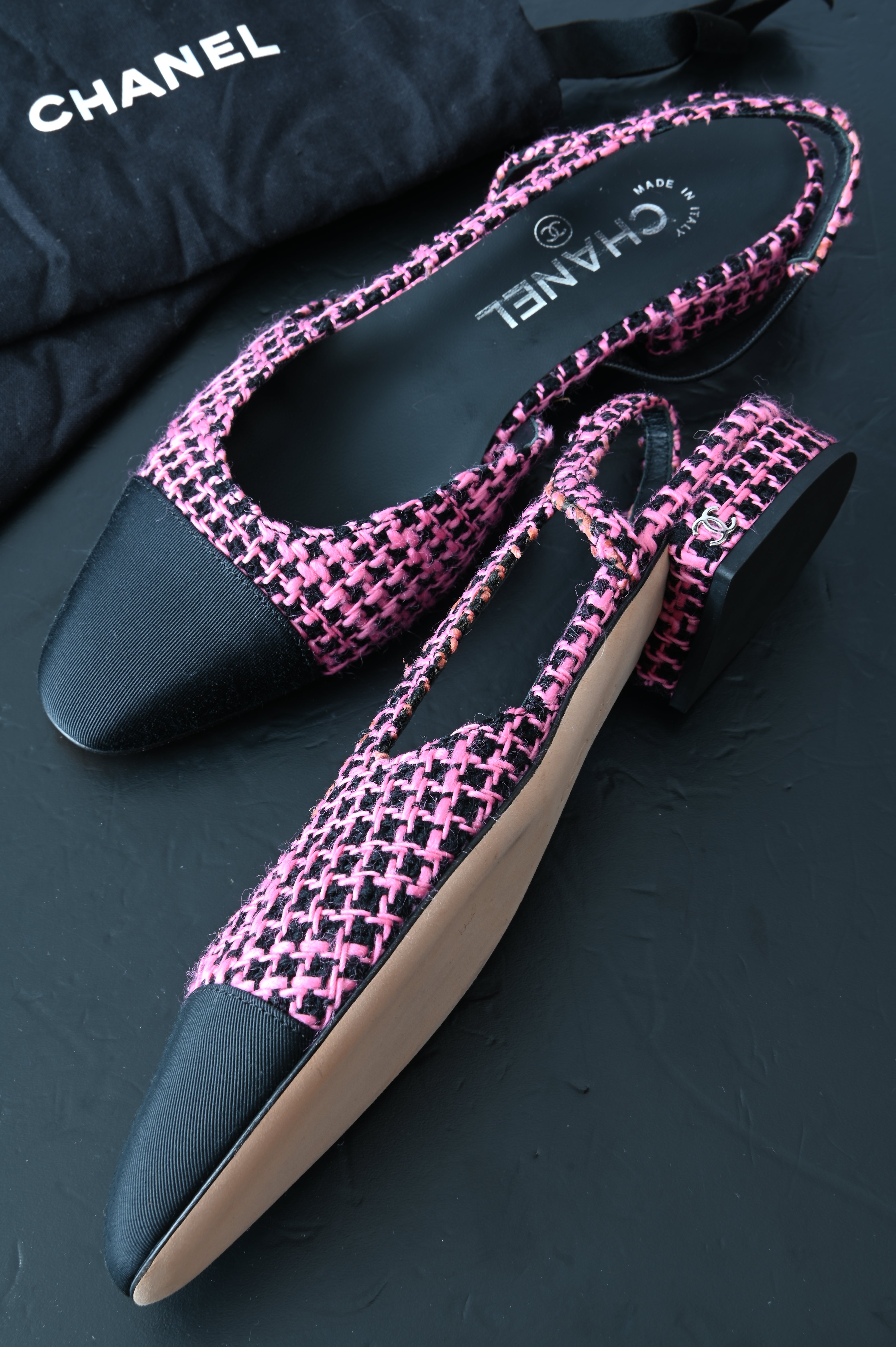 CHANEL Tweed Grosgrain Sandals