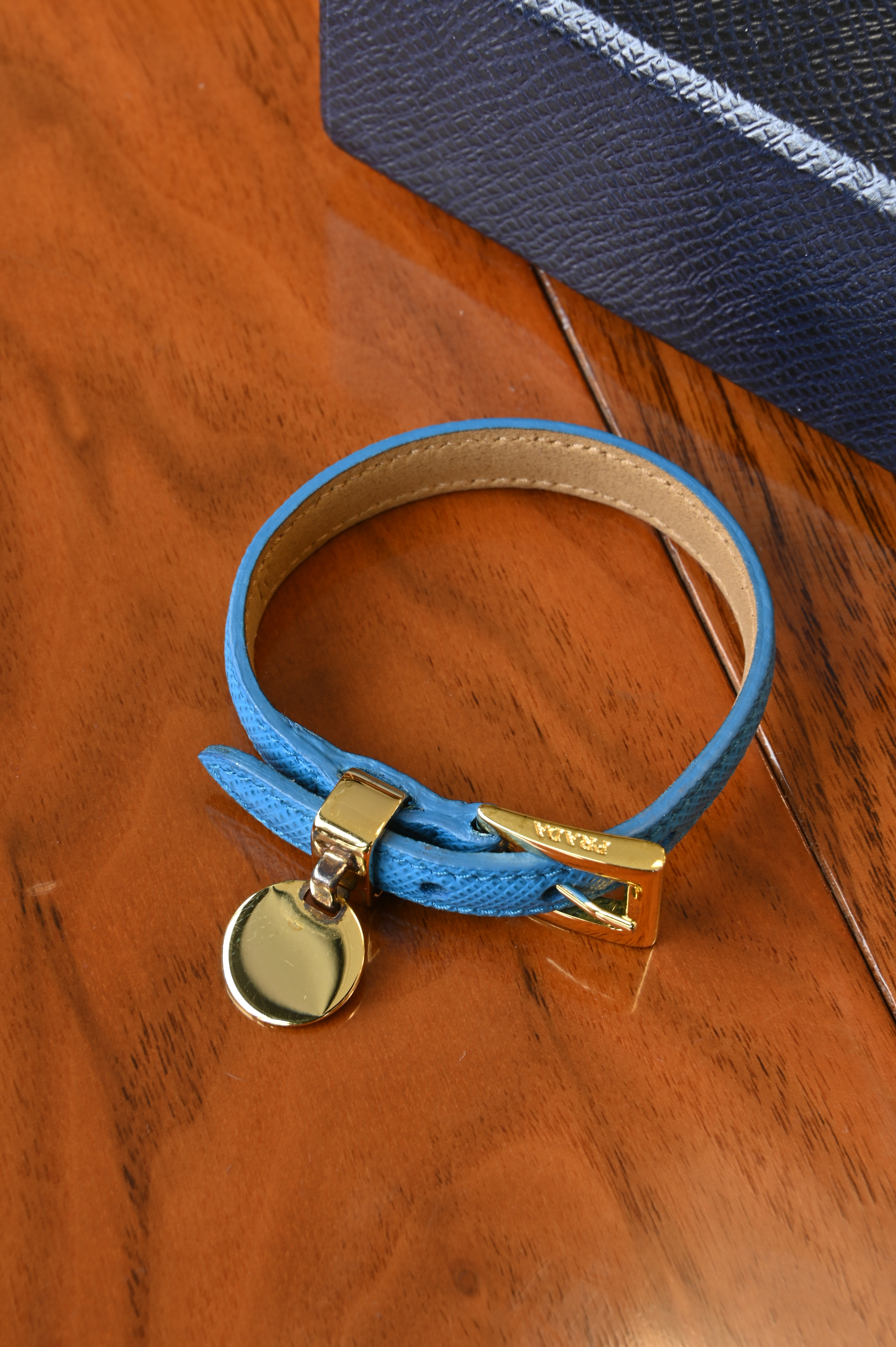 Prada Saffiano Blue Logo Bracelet