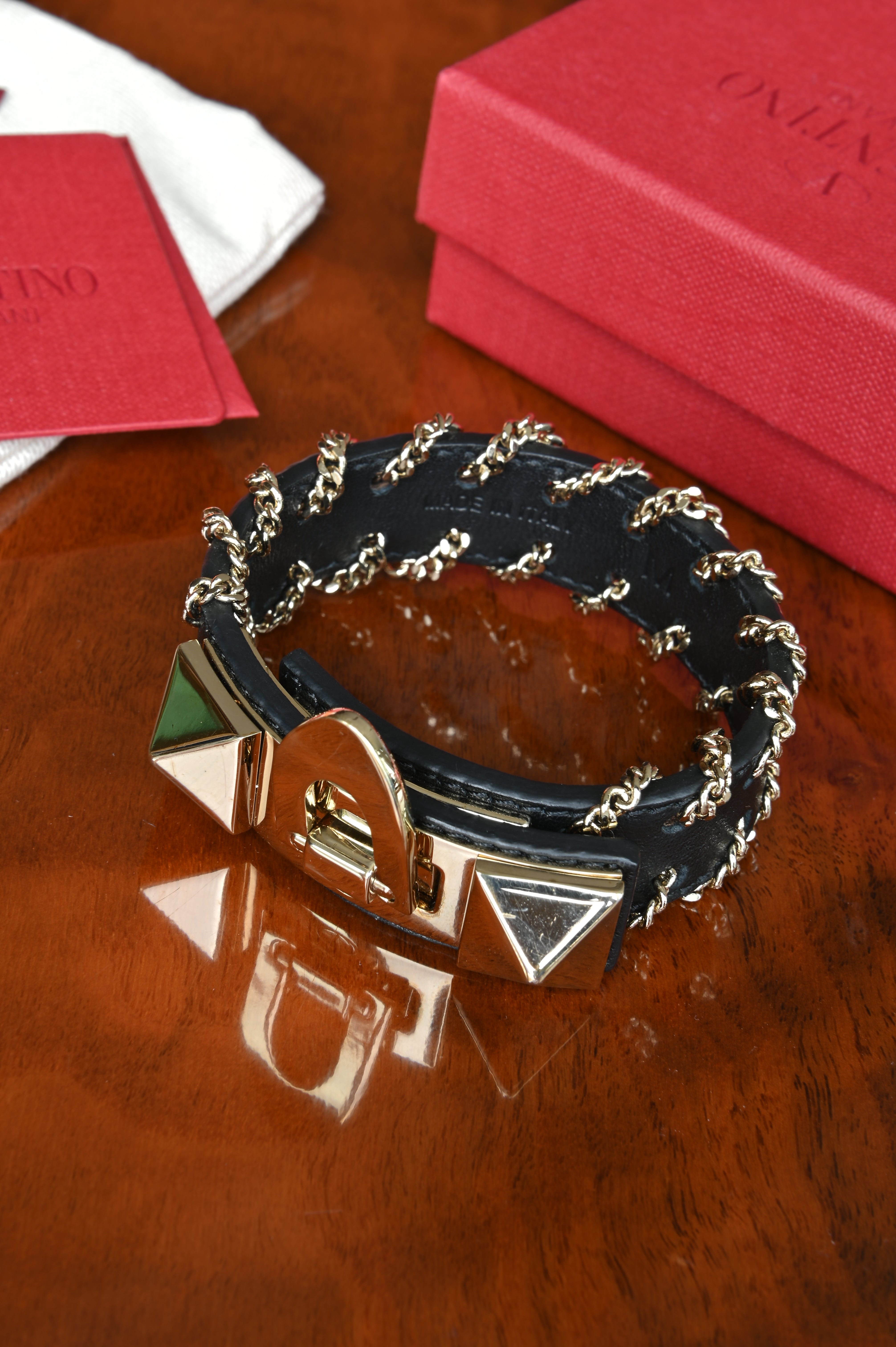 Valentino Black Leather Rockstud Chain Bracelet