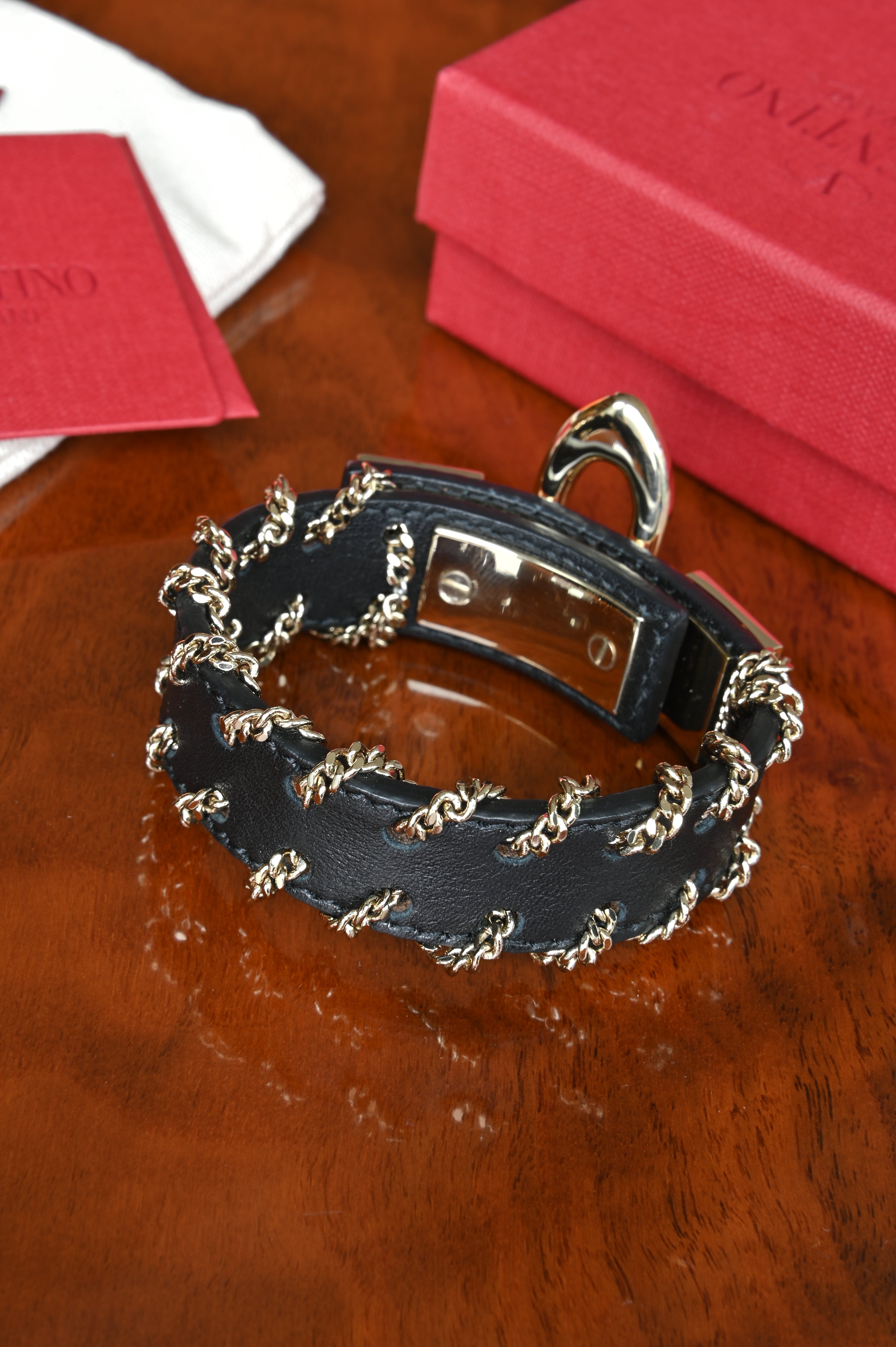 Valentino Black Leather Rockstud Chain Bracelet