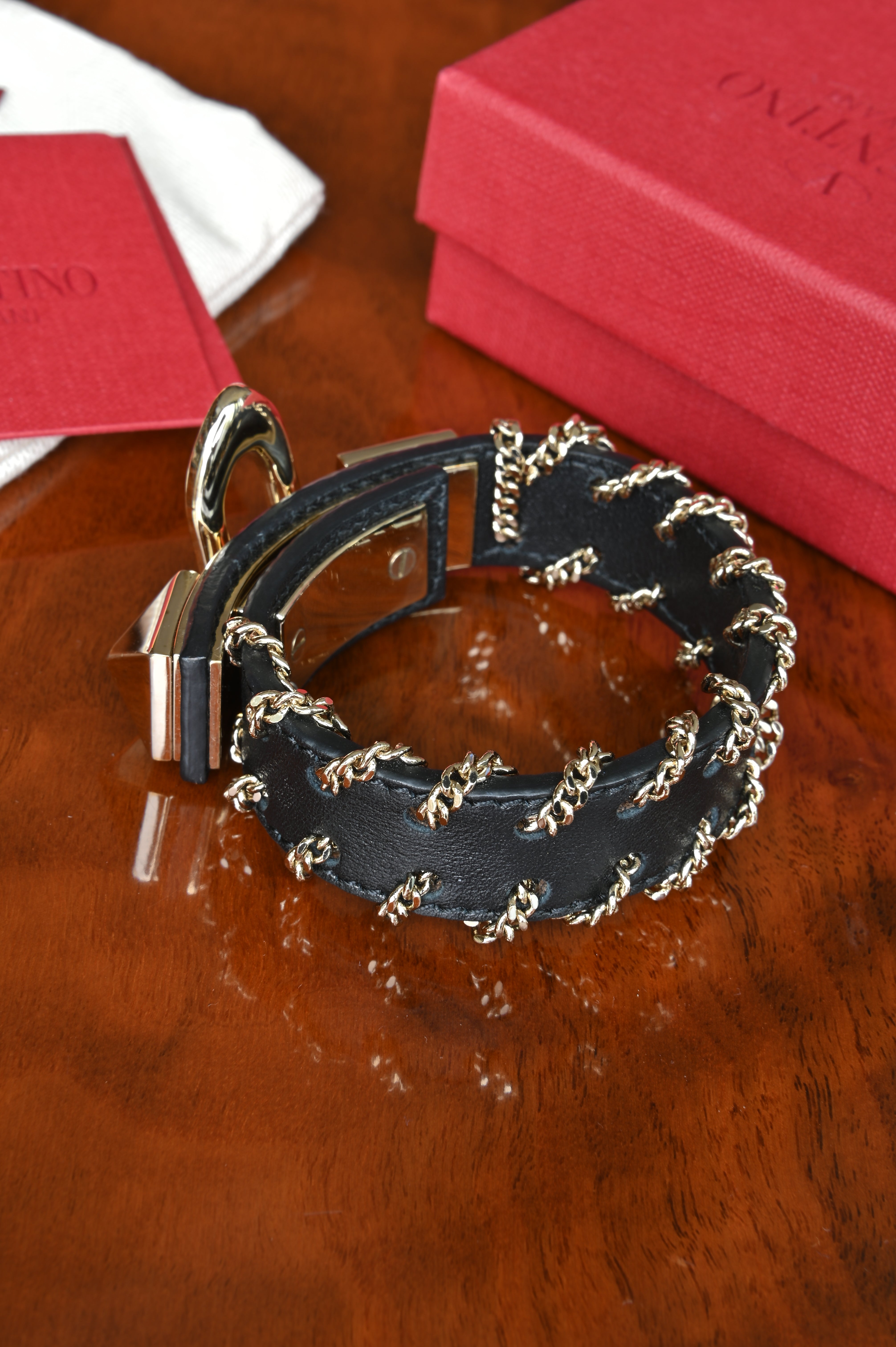 Valentino Black Leather Rockstud Chain Bracelet