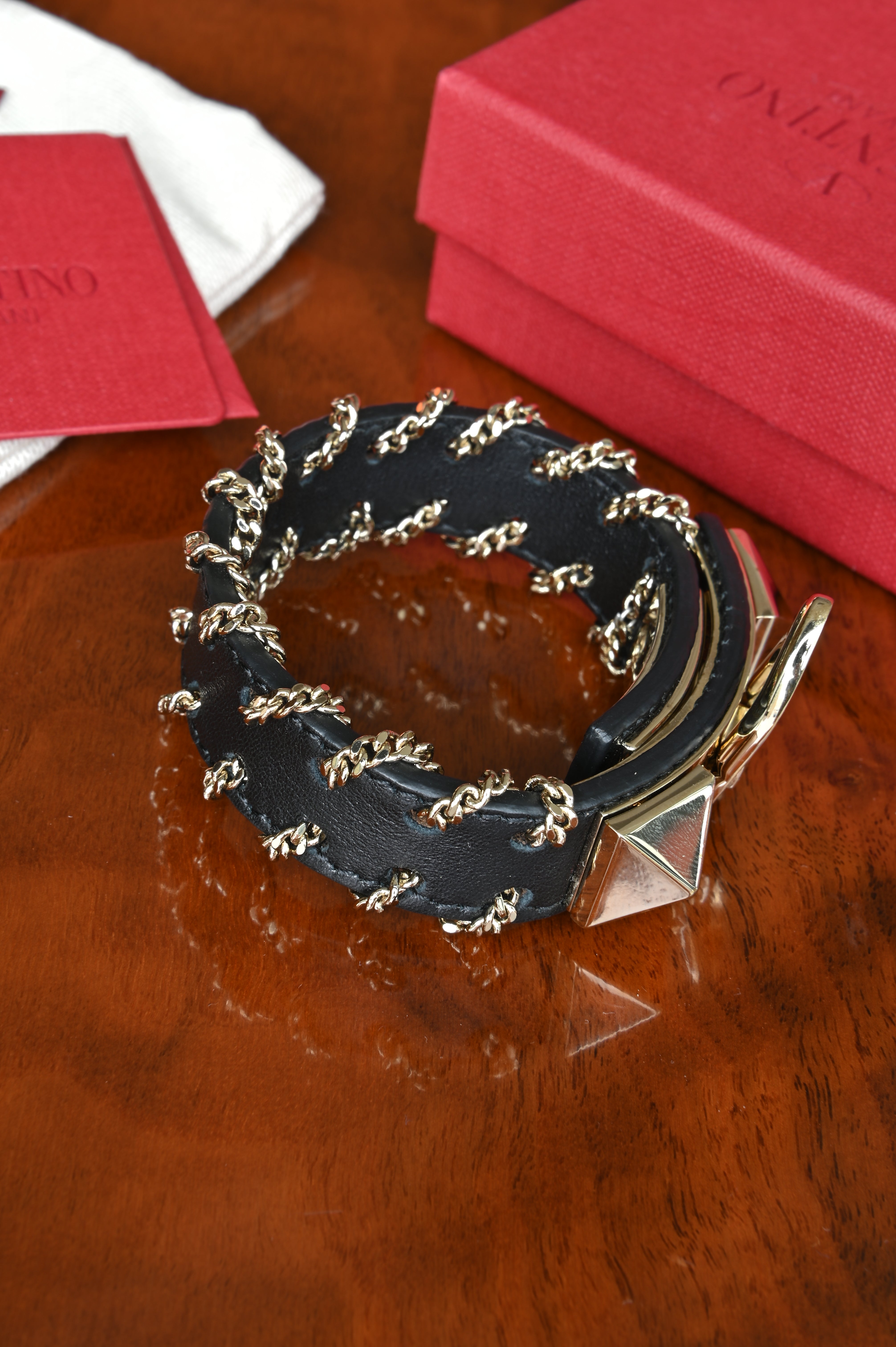 Valentino Black Leather Rockstud Chain Bracelet