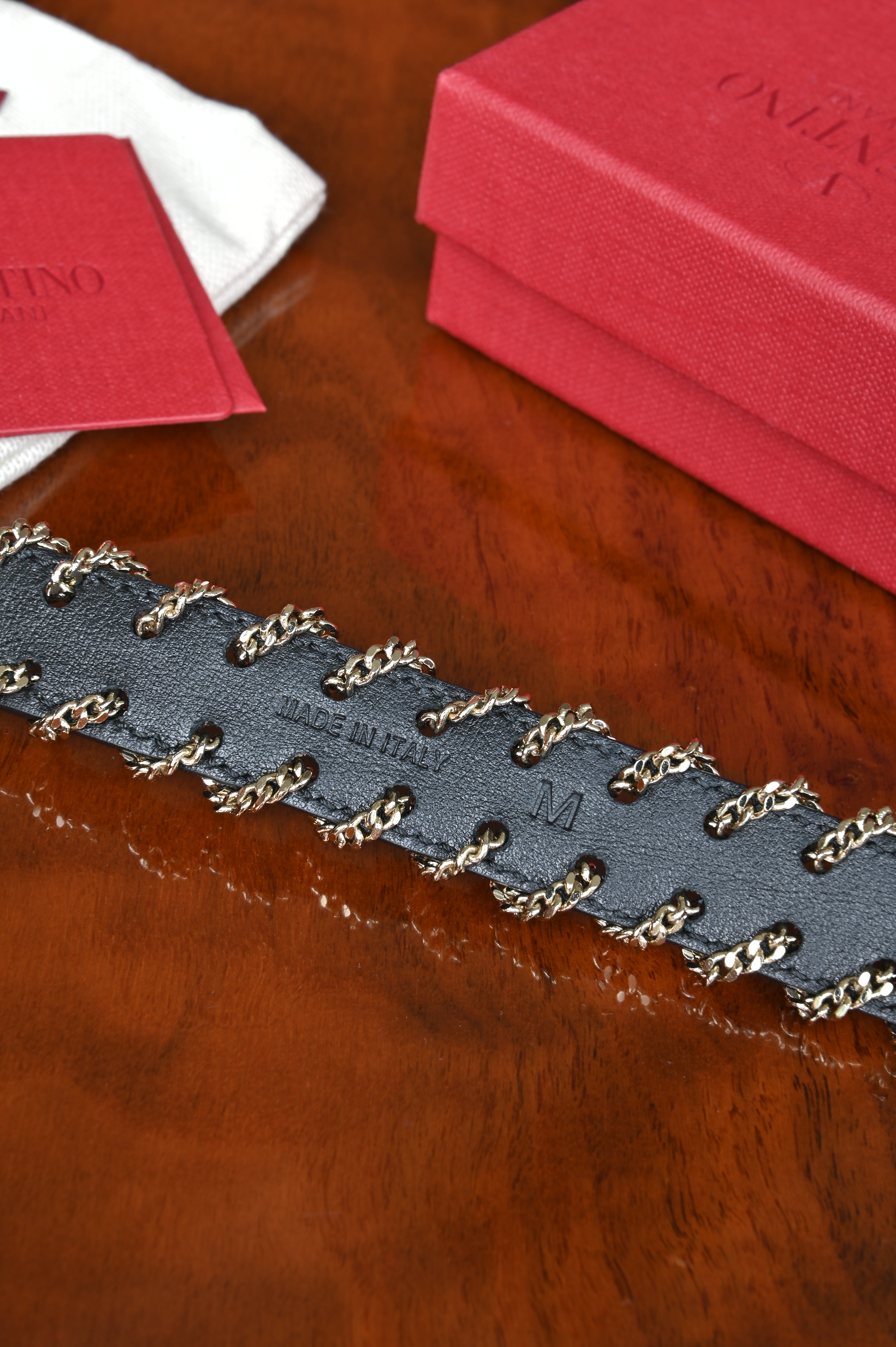 Valentino Black Leather Rockstud Chain Bracelet