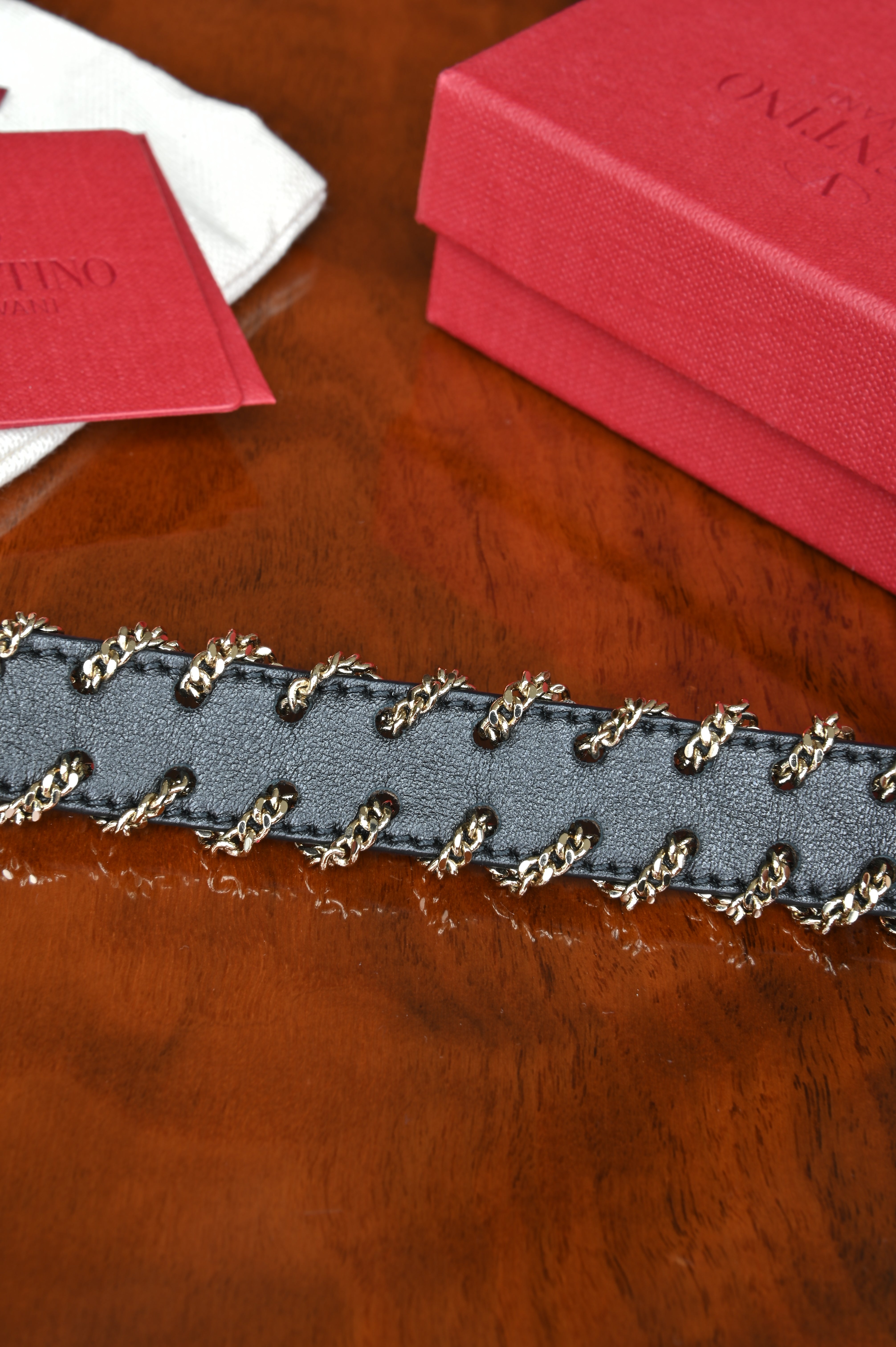 Valentino Black Leather Rockstud Chain Bracelet