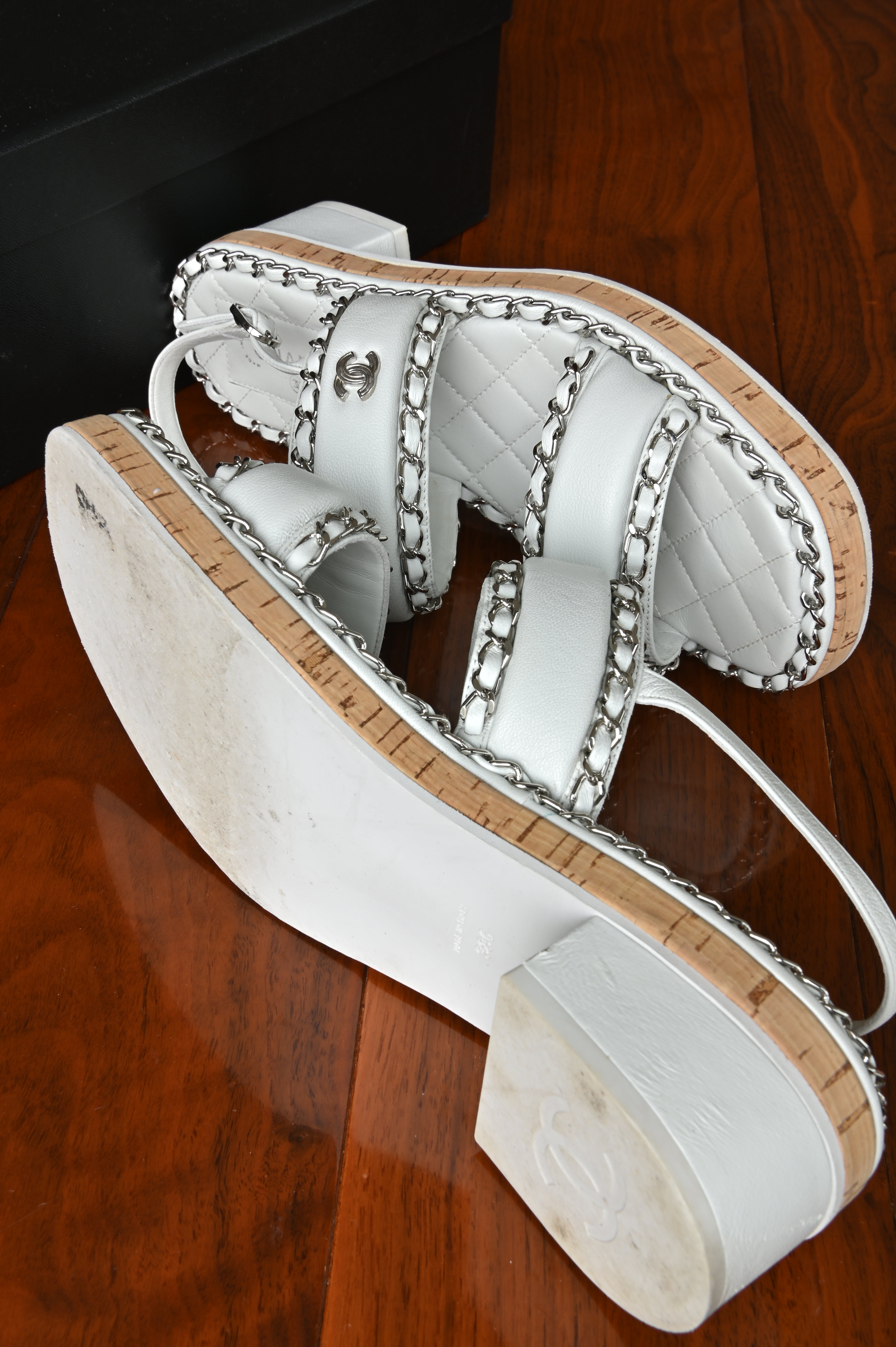 Chanel White Chained Lamb Sandals